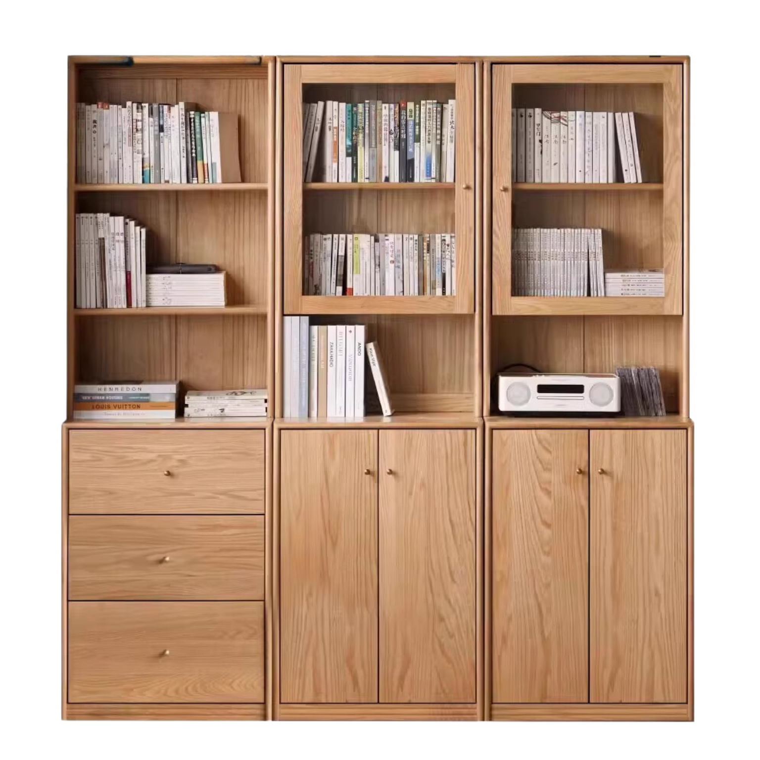 Oak Solid Wood Floor-To-Ceiling Combination Bookshelf, Glass Bookcase