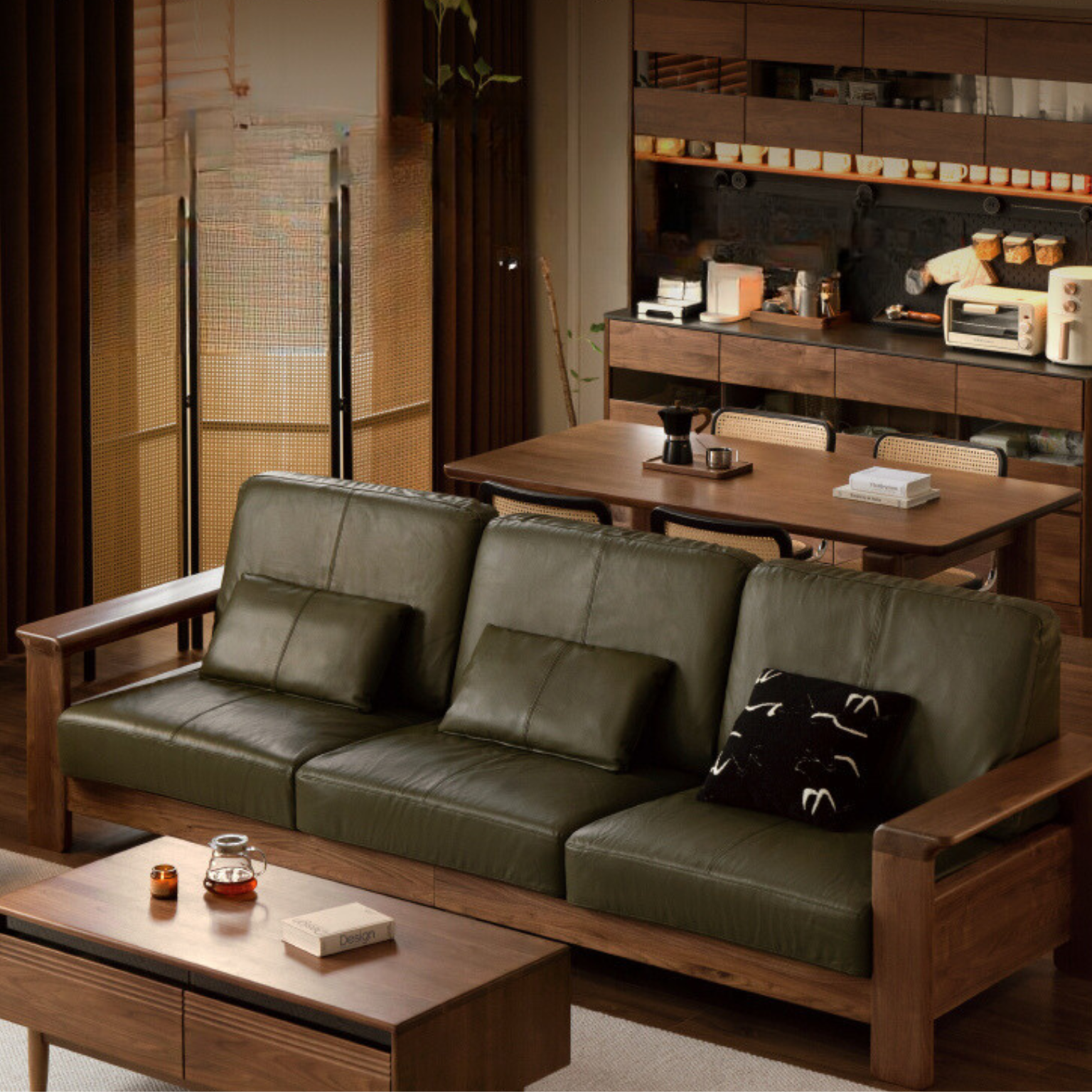 Black Walnut Solid Wood Modern Straight Sofa.