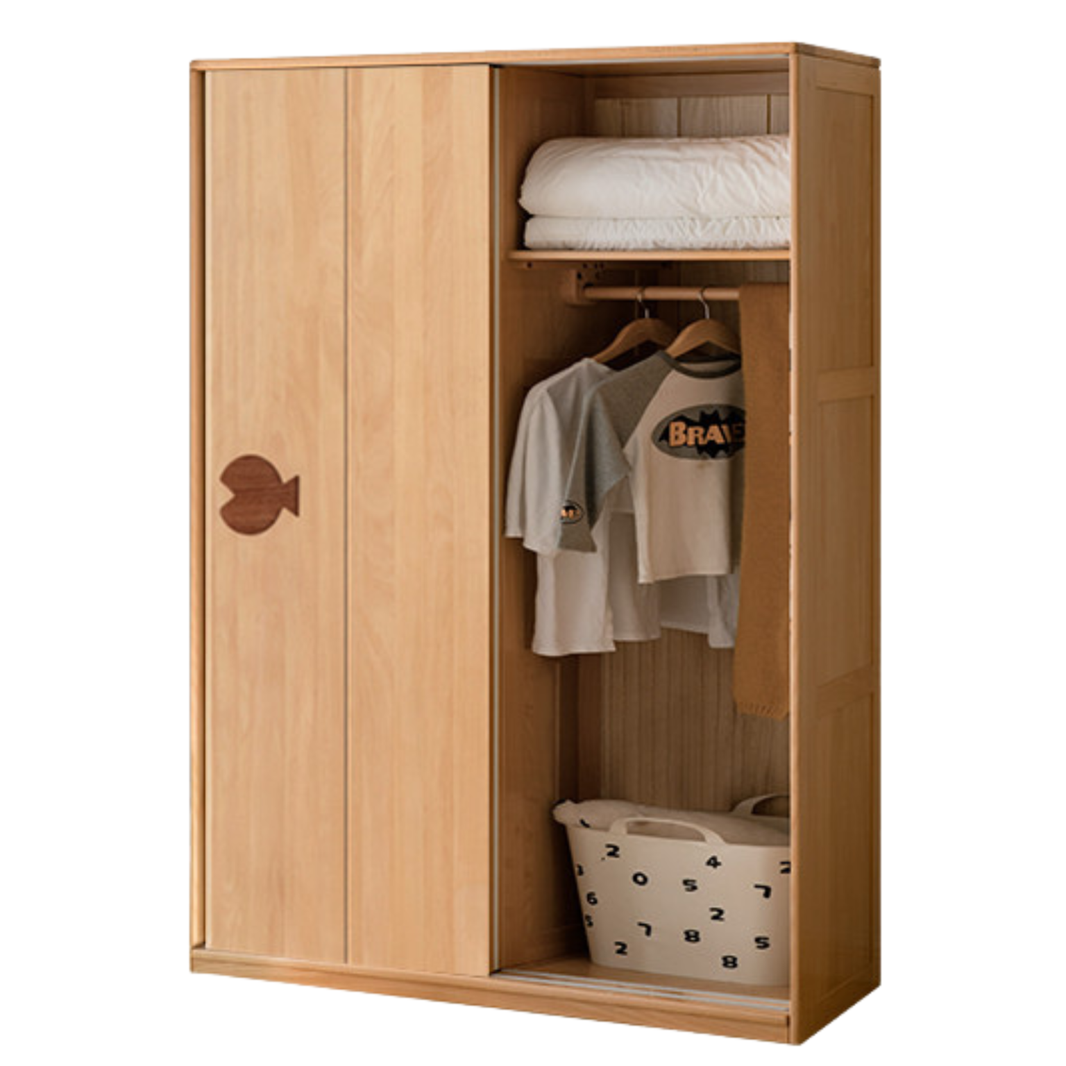 Oak Solid Wood Children's Sliding Door Wardrobe Storage Cabinet