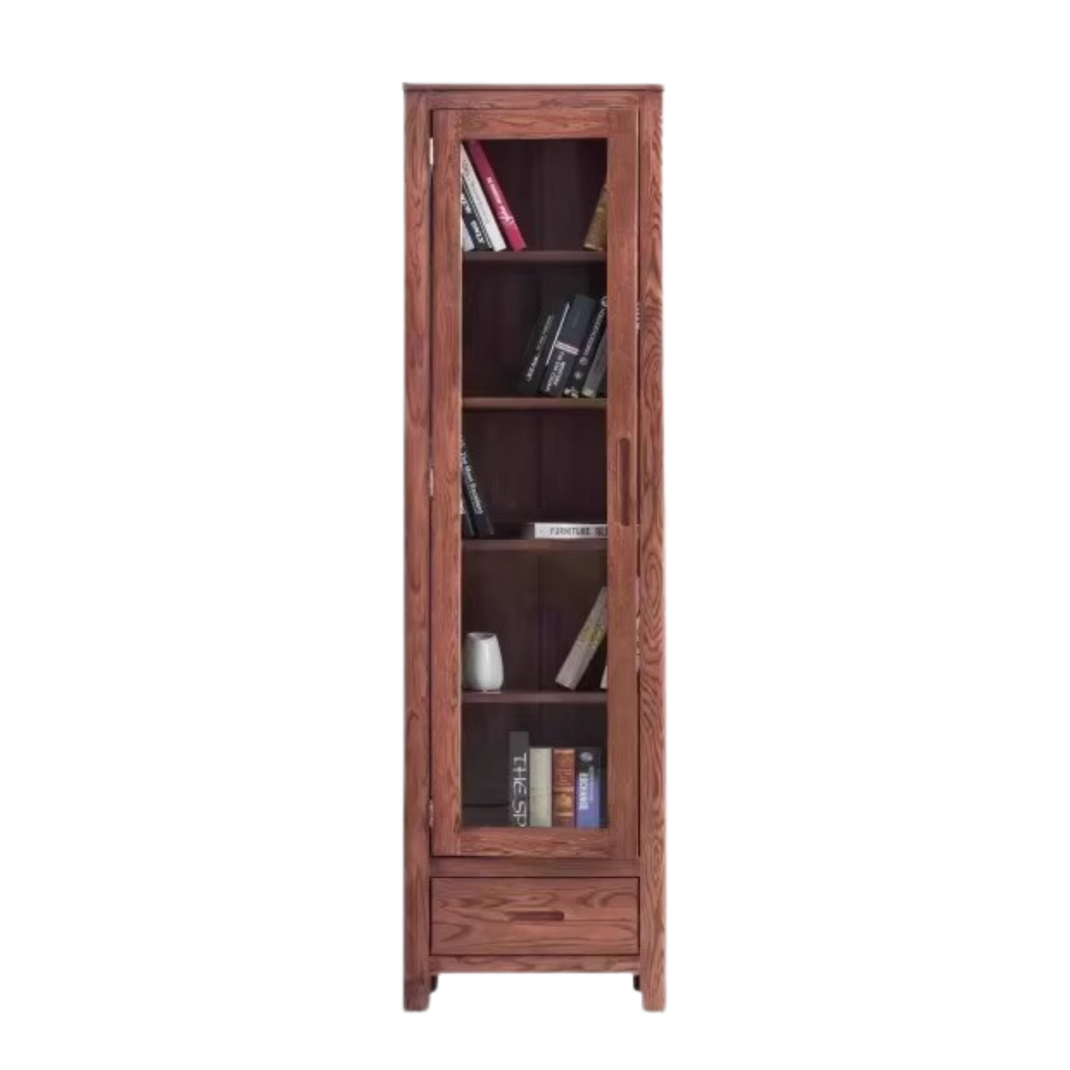 Oak, Solid Rubberwood Modern Bookcase with Glass Door Display Cabinet