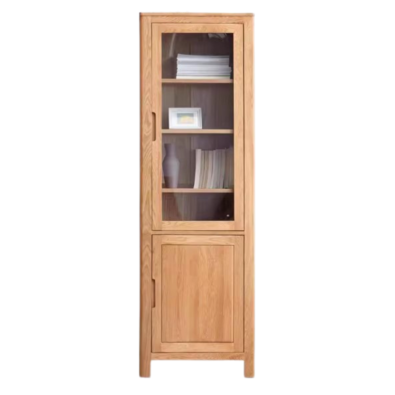 Oak Solid Wood Narrow Bookcase With Doors