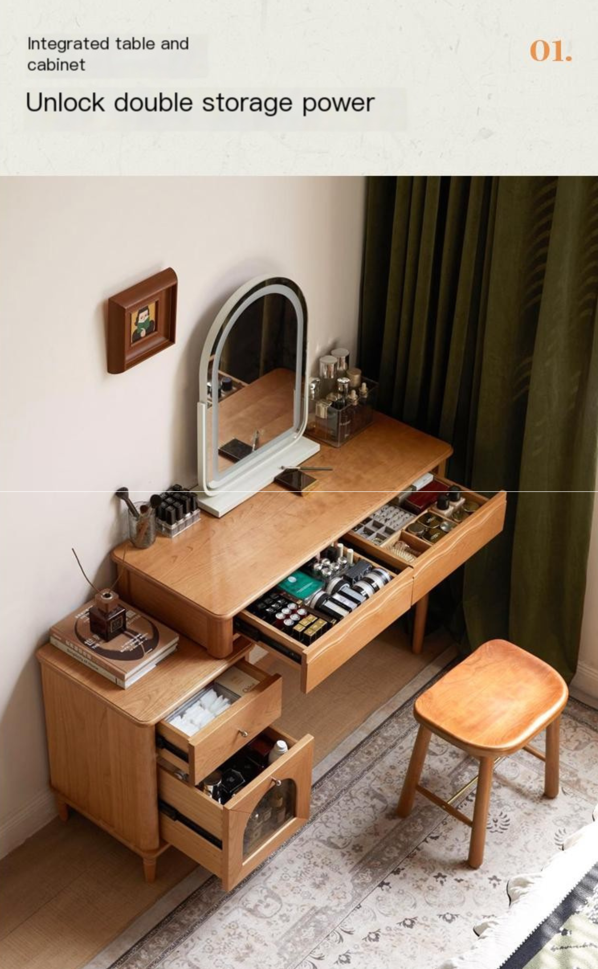 Cherry Solid Wood Medieval Style Retractable Dressing Table.