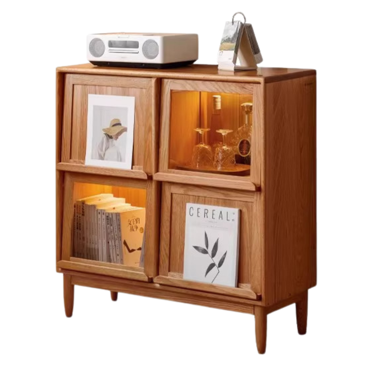Oak, Сherry Solid Wood Four-Door Bookcase with Light, Magazine Cabinet