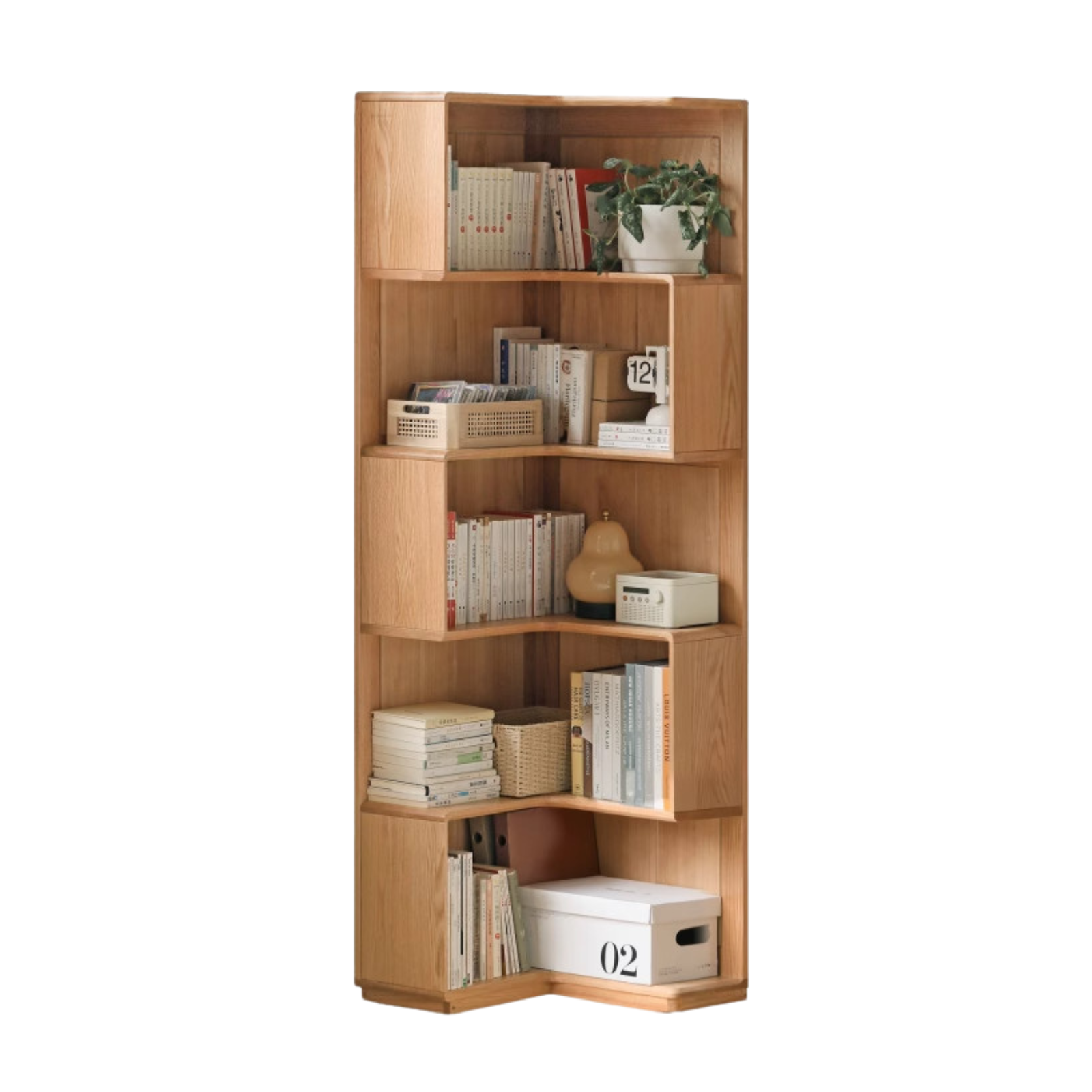 Oak Solid Wood Corner Bookshelf with Floor-Standing Storage Cabinet