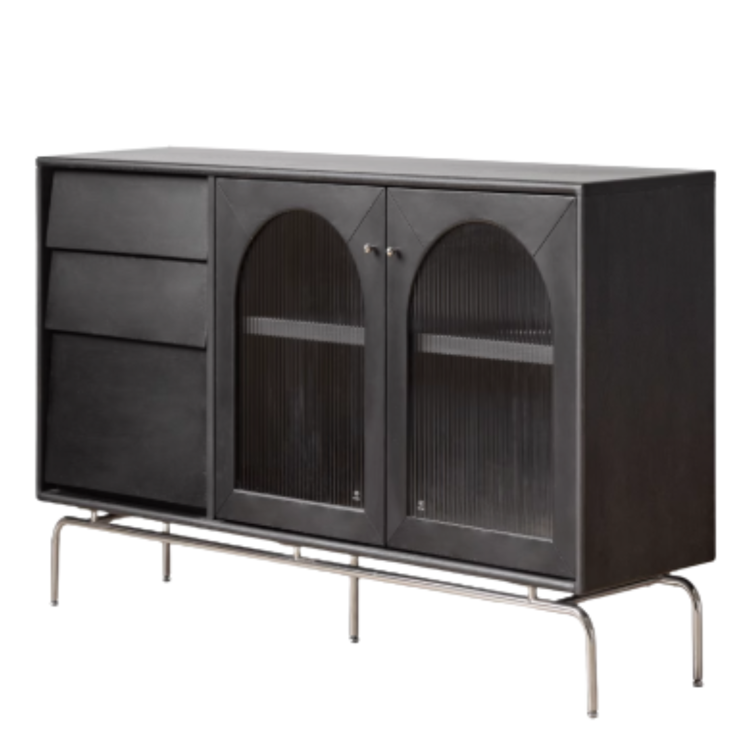 Solid Rubberwood French Retro Sideboard Black Glass