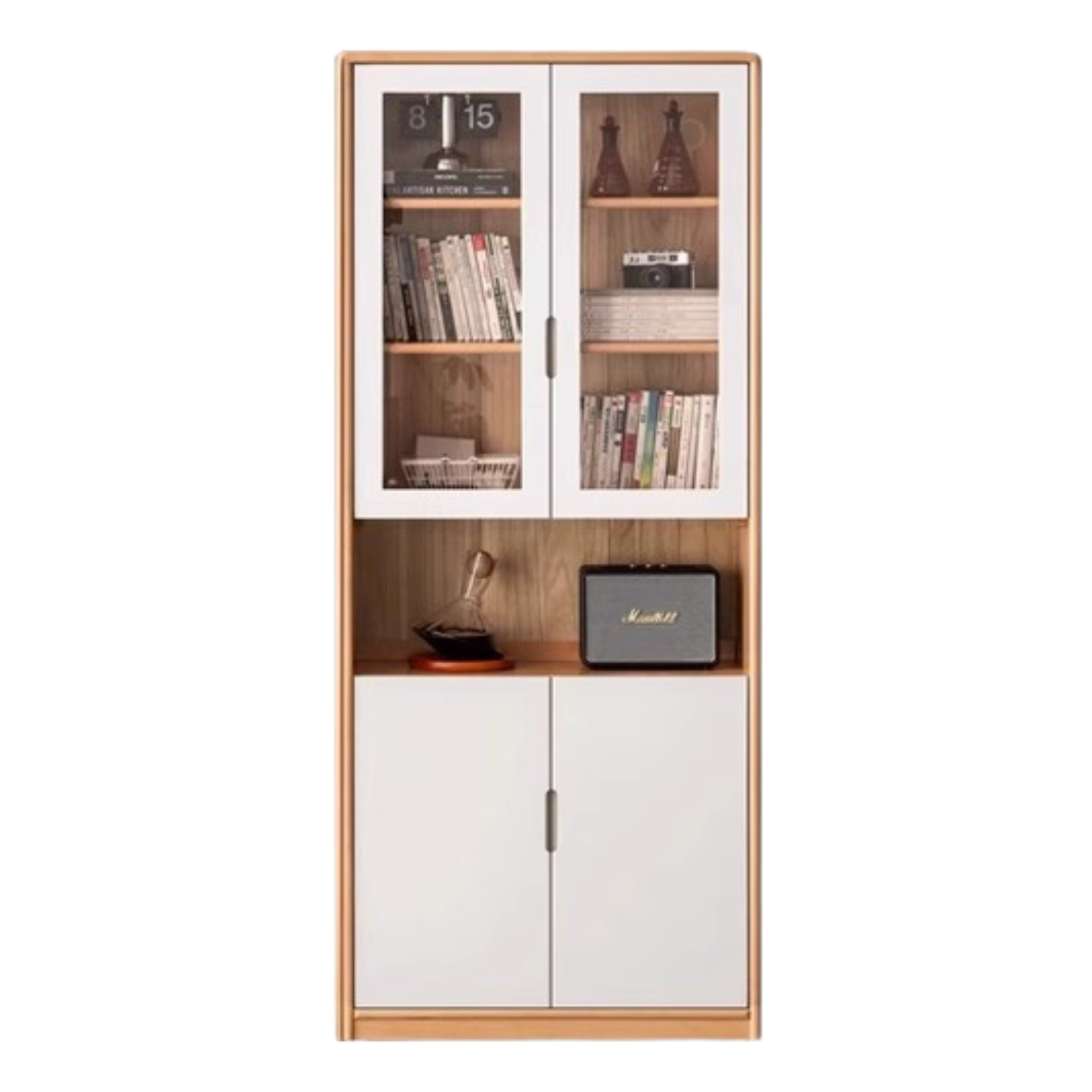 European Beech, Oak Solid Wood Floor-Standing Bookshelf with Glass Door Display