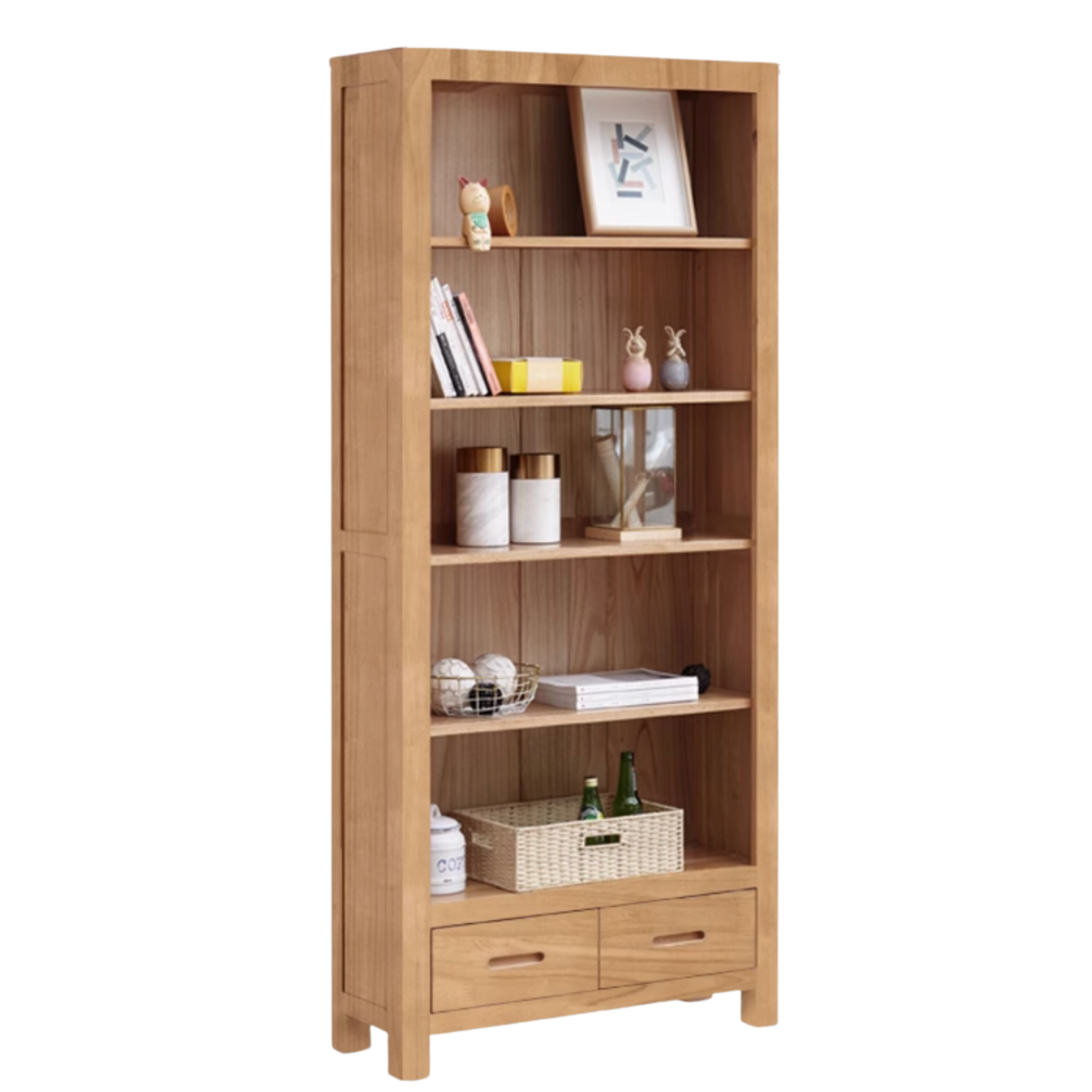 Oak, Rubberwood Solid Wood Drawer Bookcase