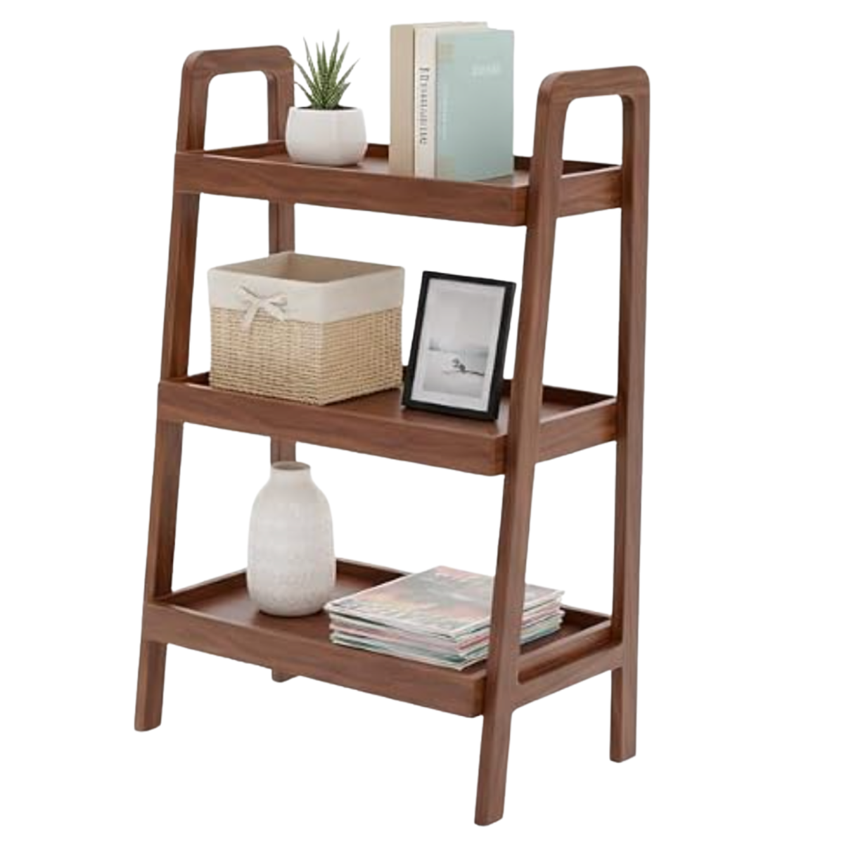 Black Walnut, Oak Solid Wood Trapezoidal Three-Tier Bookshelf, Side Table