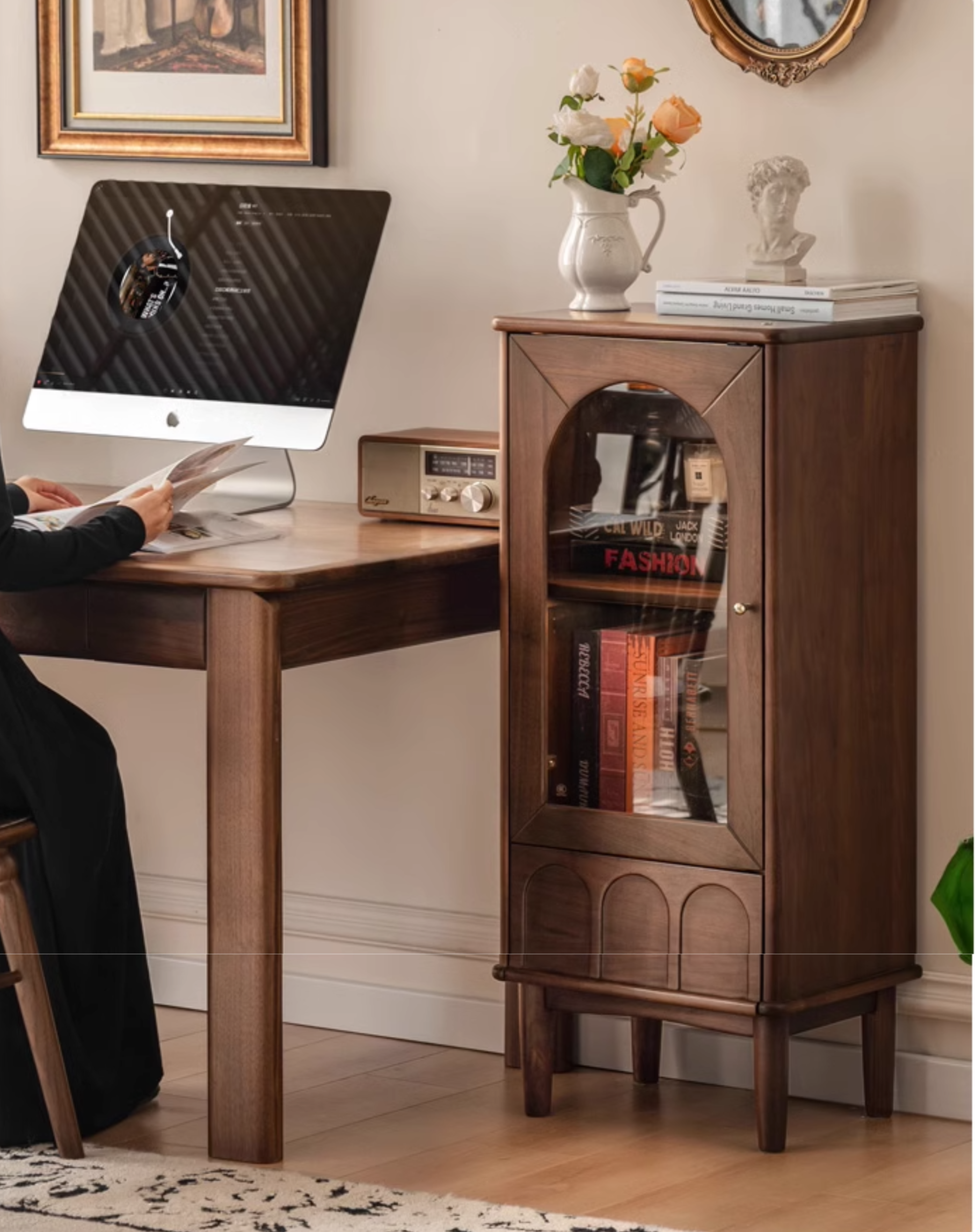 Black Walnut Solid Wood French Retro Side Cabinet.