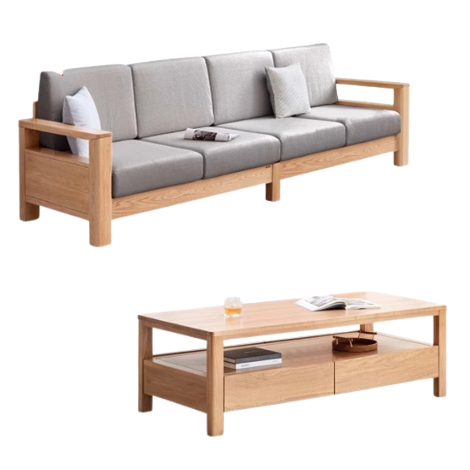 Solid Rubberwood, Oak Solid Wood Cotton Fabric Sofa