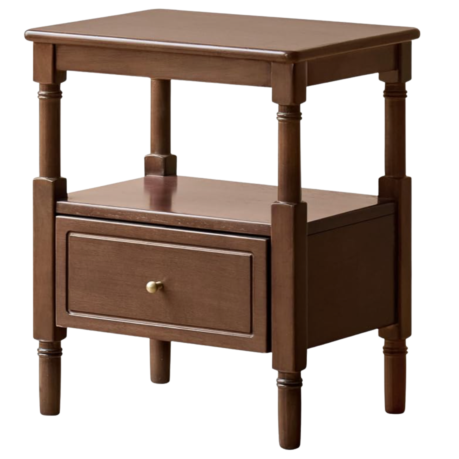 Solid RubberWood, Poplar Nightstand with Reeded Glass Door and Turned Legs