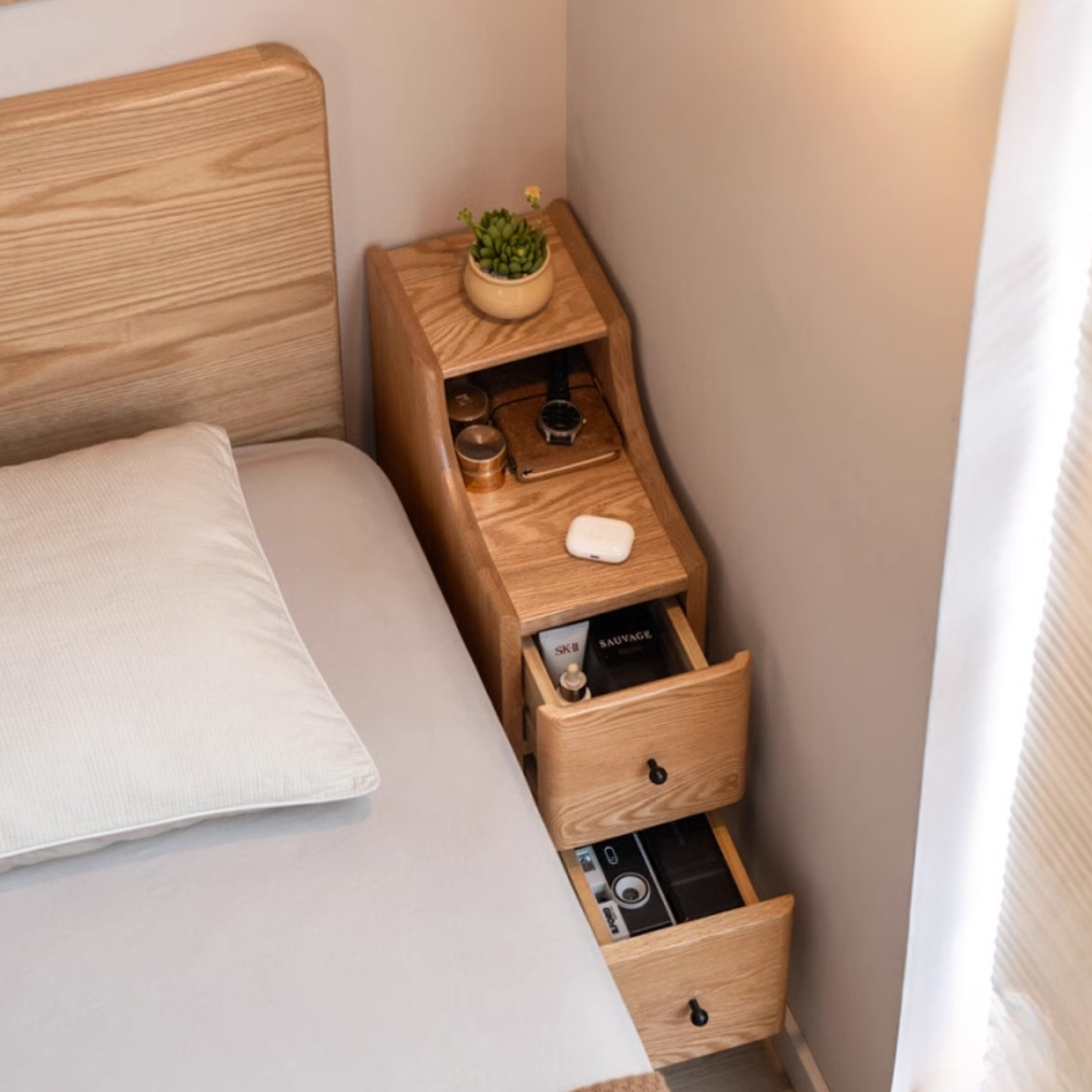 Ash, Oak Solid Wood, Solid RubberWood Modern Nightstand.