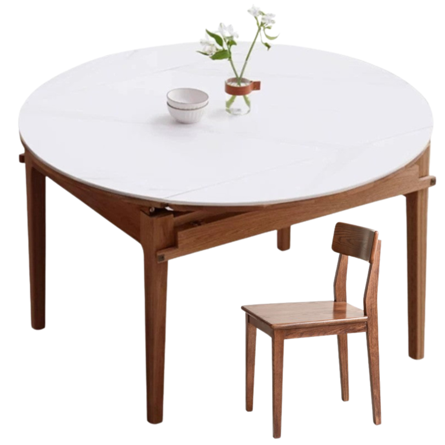 Solid Rubberwood, Oak Solid Wood Folding Round Retractable Dining Table