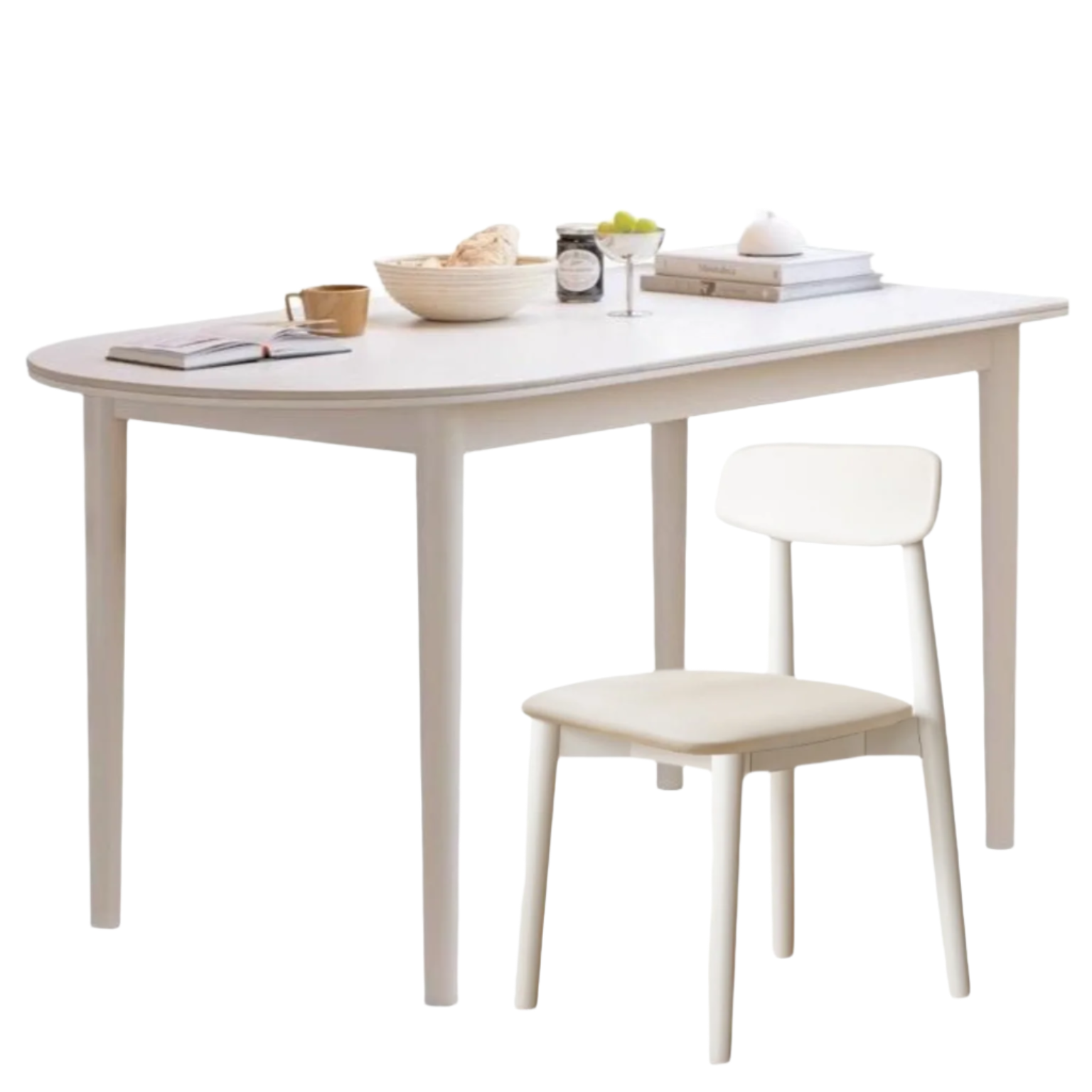 Rubberwood Solid Cream Style Semi-Circular Rock Plate Dining Table