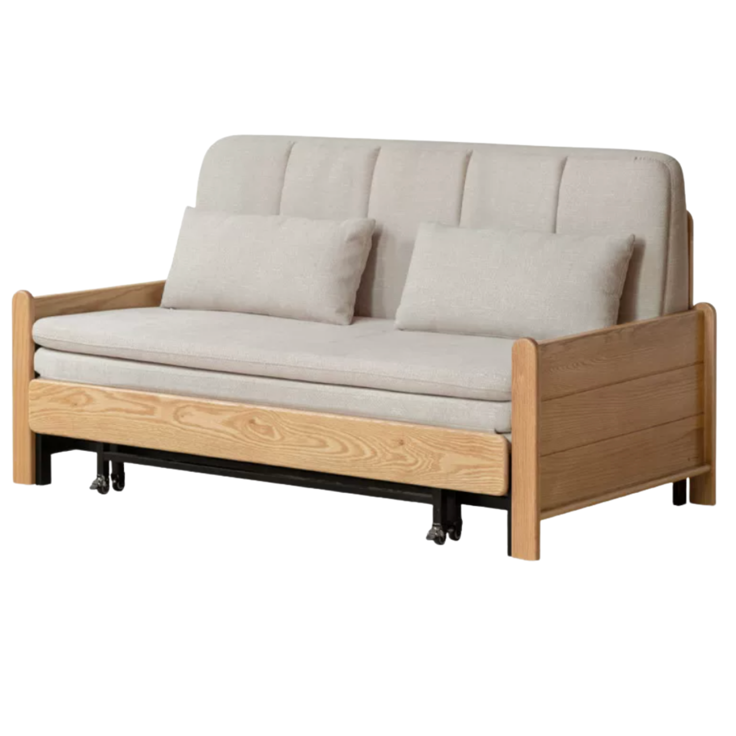 Ash, Oak Solid Wood Sleeper Sofa with Solid Wood Armrests and Built-In Wheels