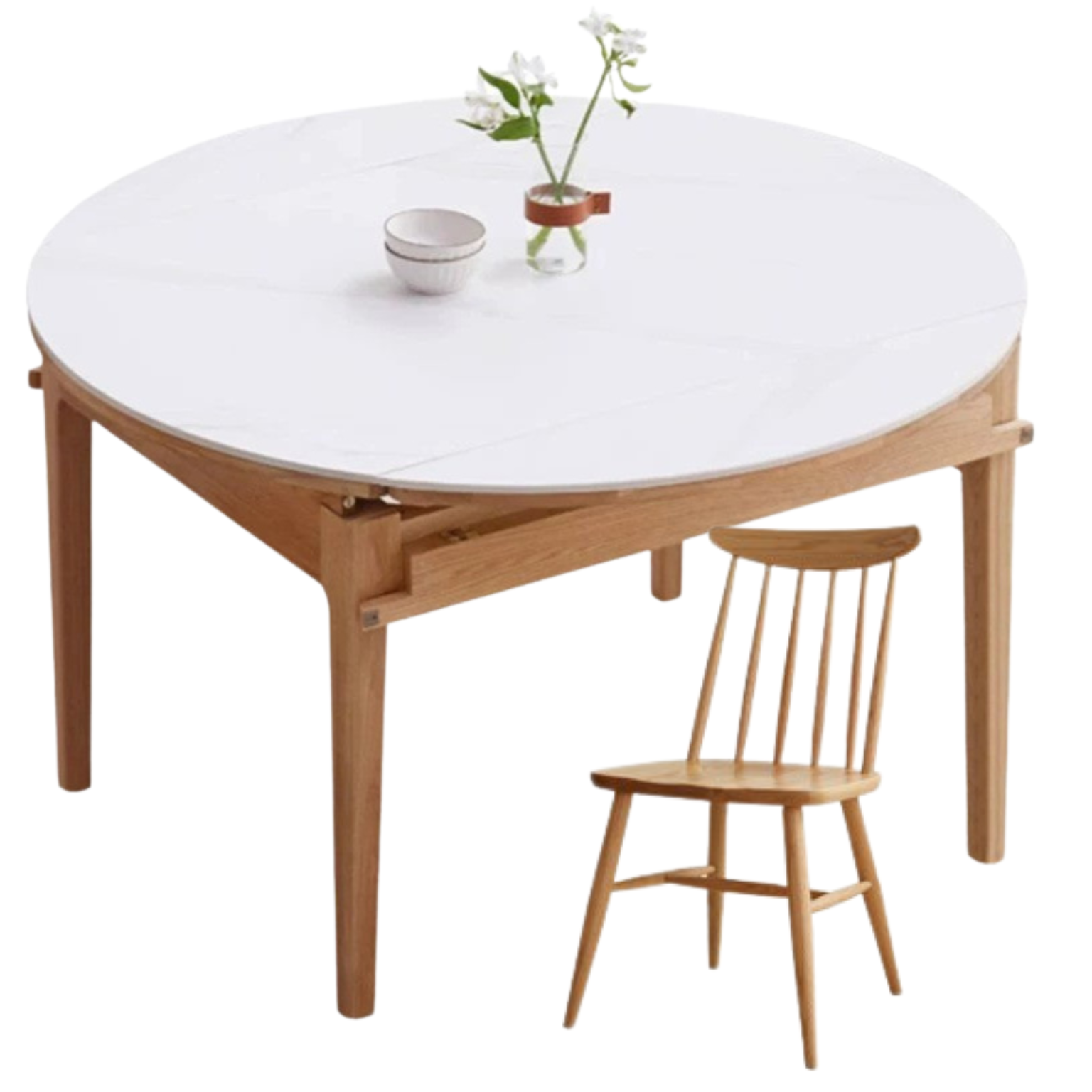 Solid Rubberwood, Oak Solid Wood Folding Round Retractable Dining Table