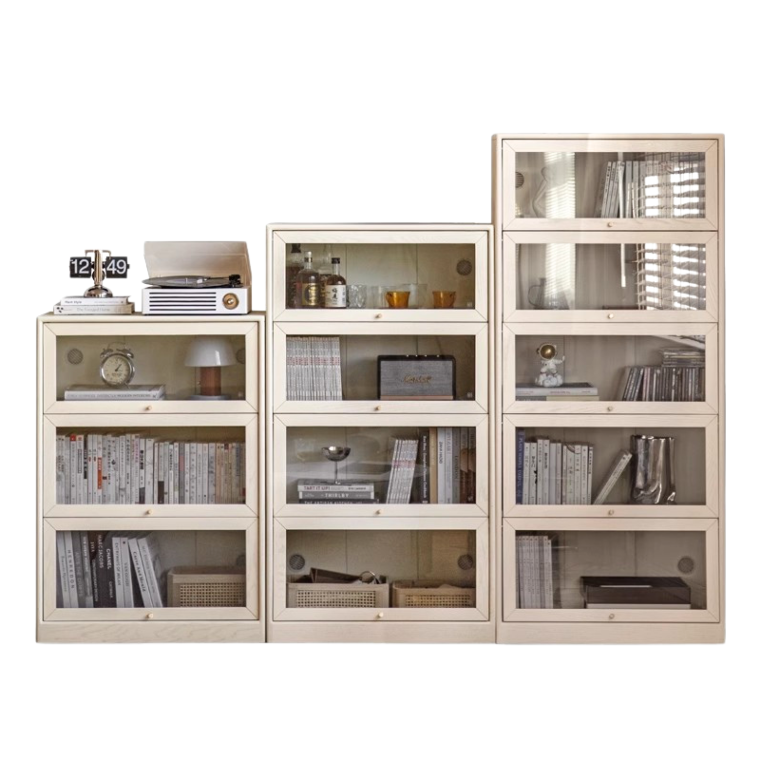 Oak Solid Wood Bookcase Cream Flip Door Glass Display Cabinet