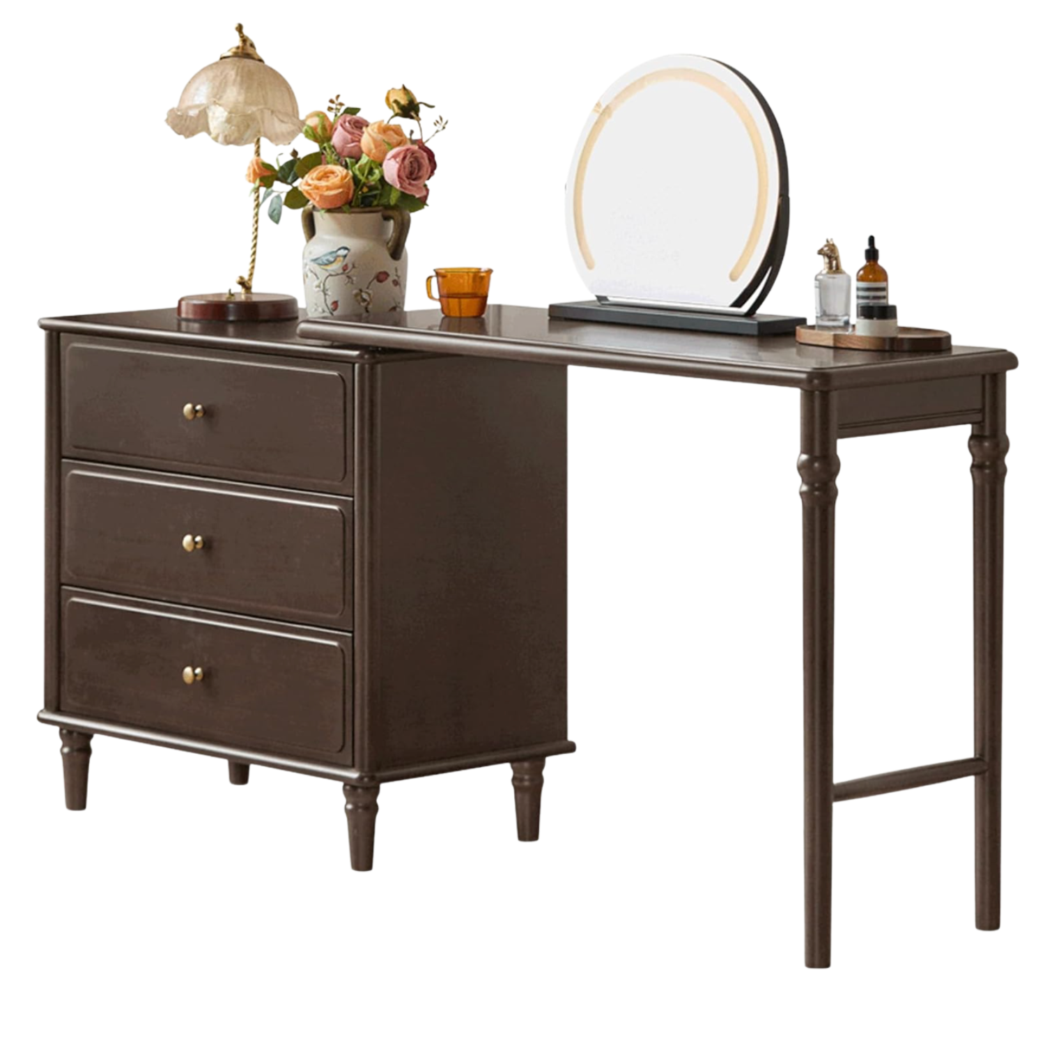 Black Walnut, Poplar Solid Wood Traditional Dresser with Attached Vanity Desk Extension and Turned Legs