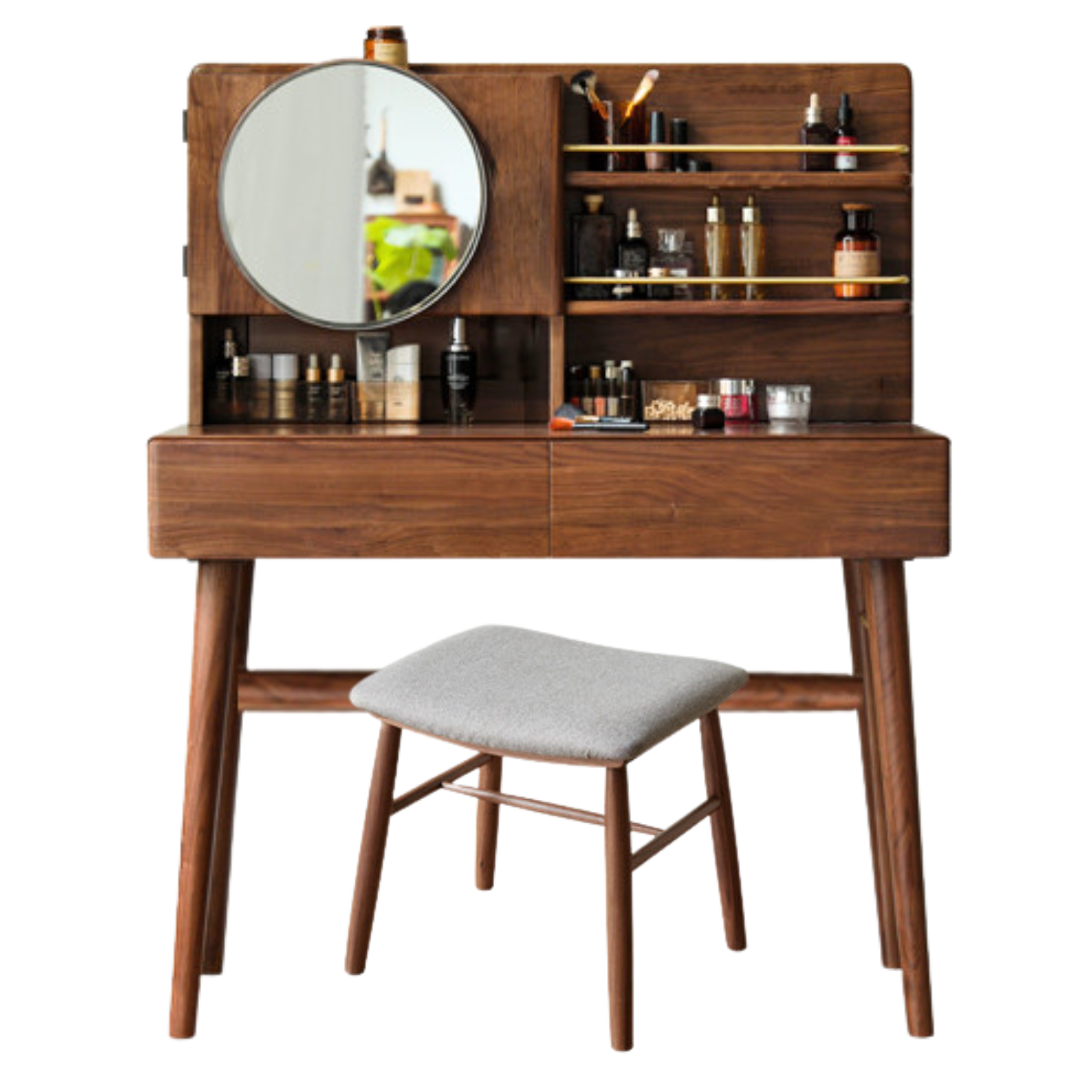 Black Walnut, Sandalwood Solid Wood Moon Makeup Mirror Vanity Table.