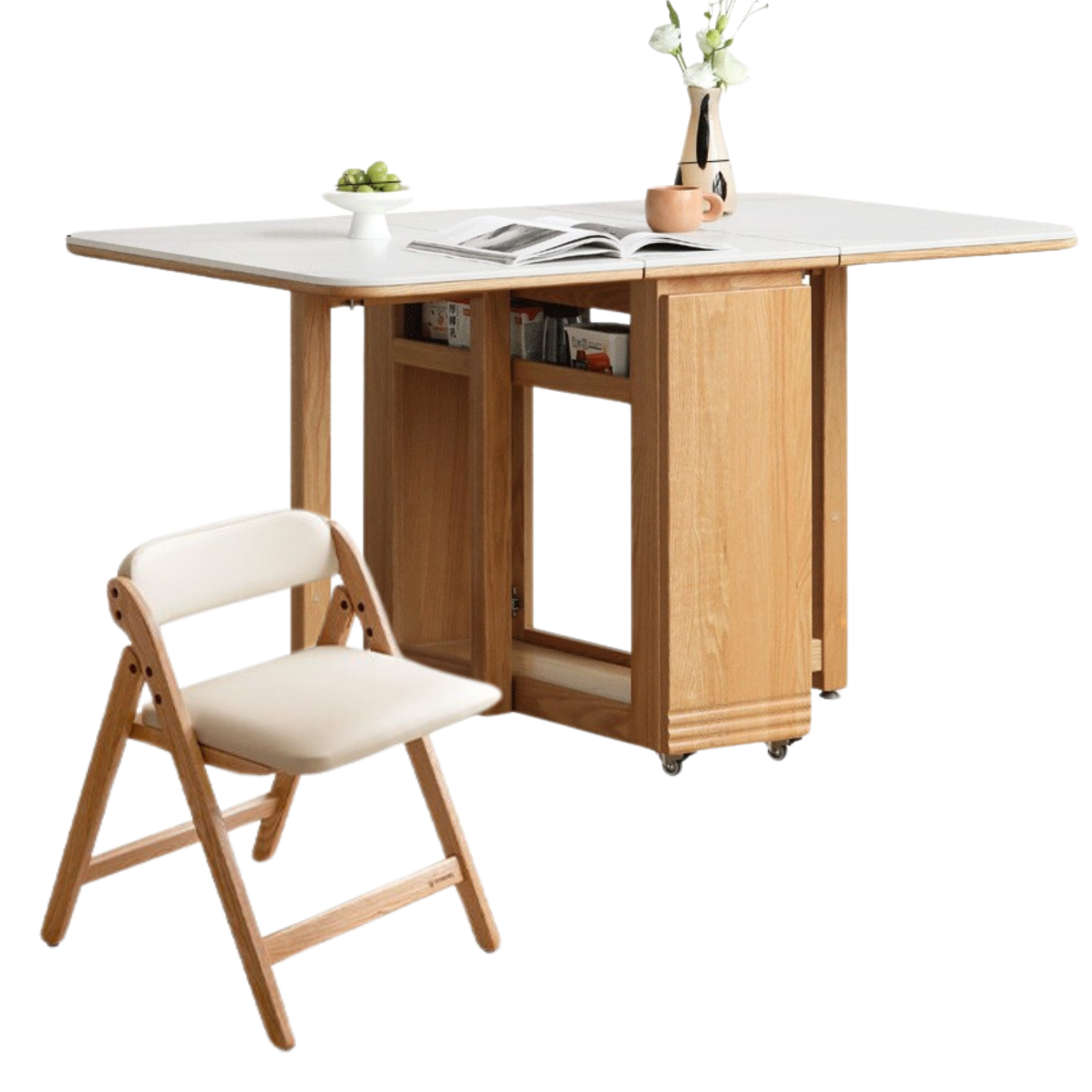 Solid Rubberwood, Oak Solid Wood Modern Rock Slab Folding Dining Table
