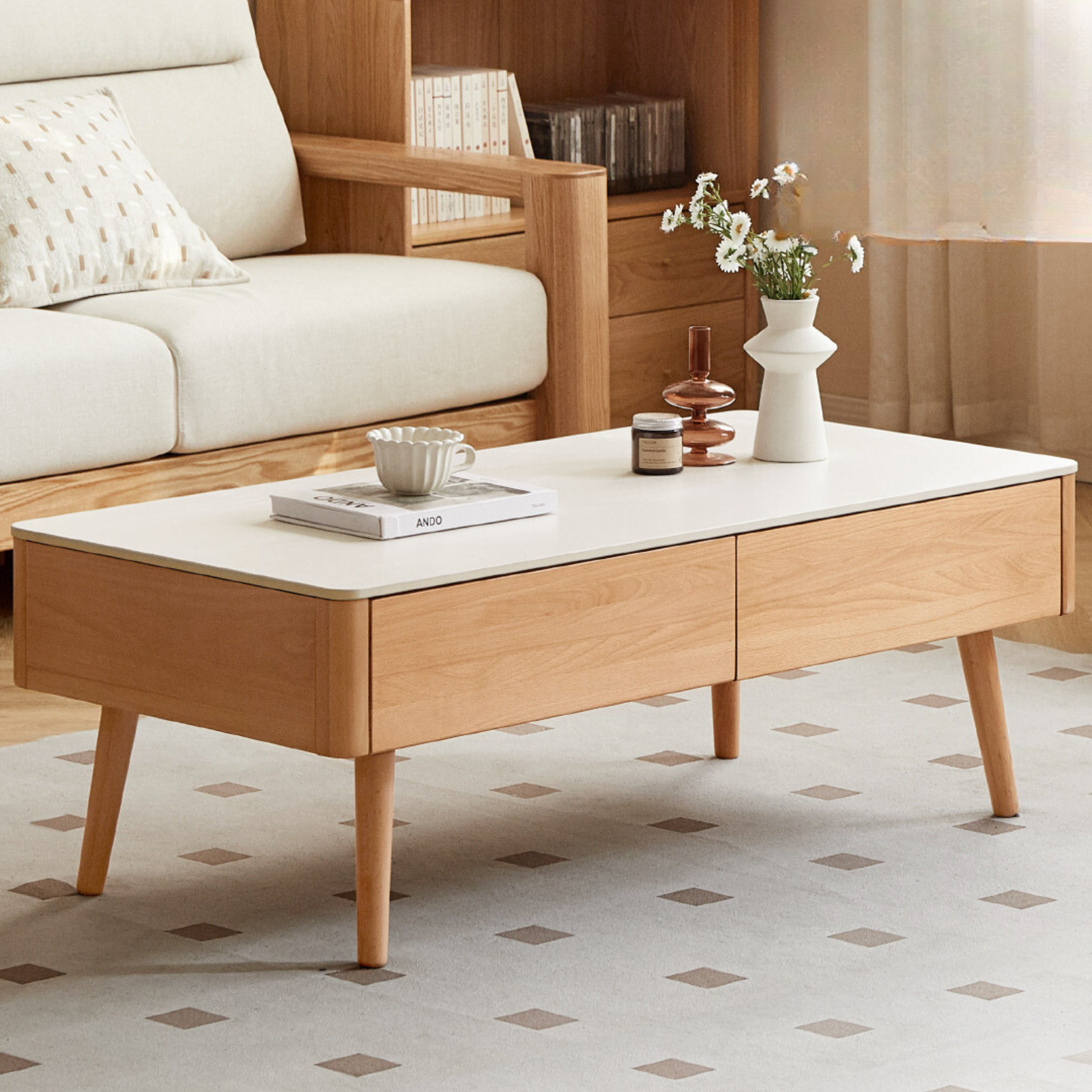 European Beech Solid Wood Storage Rock Board Coffee Table