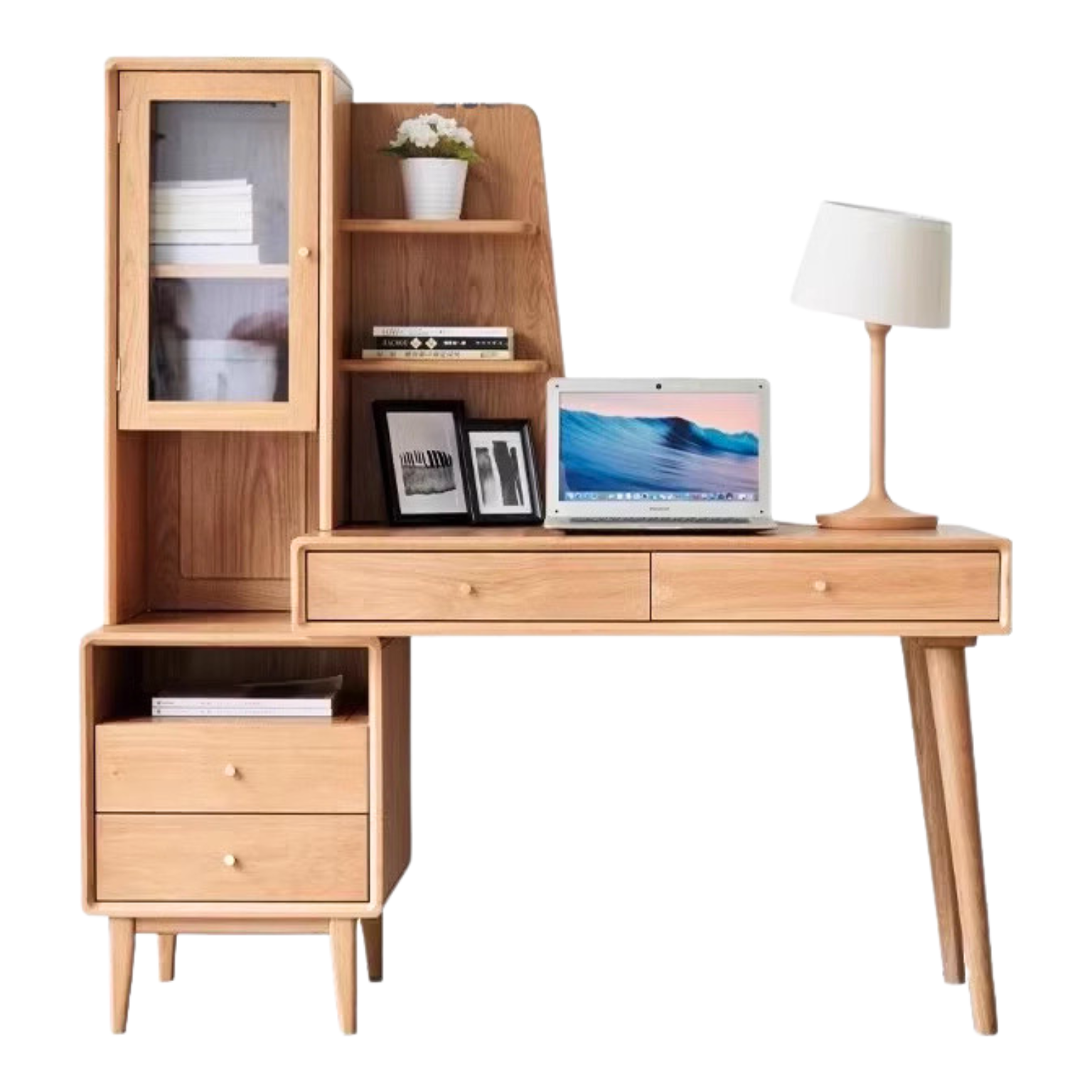Oak Solid Wood Bookshelf and Office Desk Combination