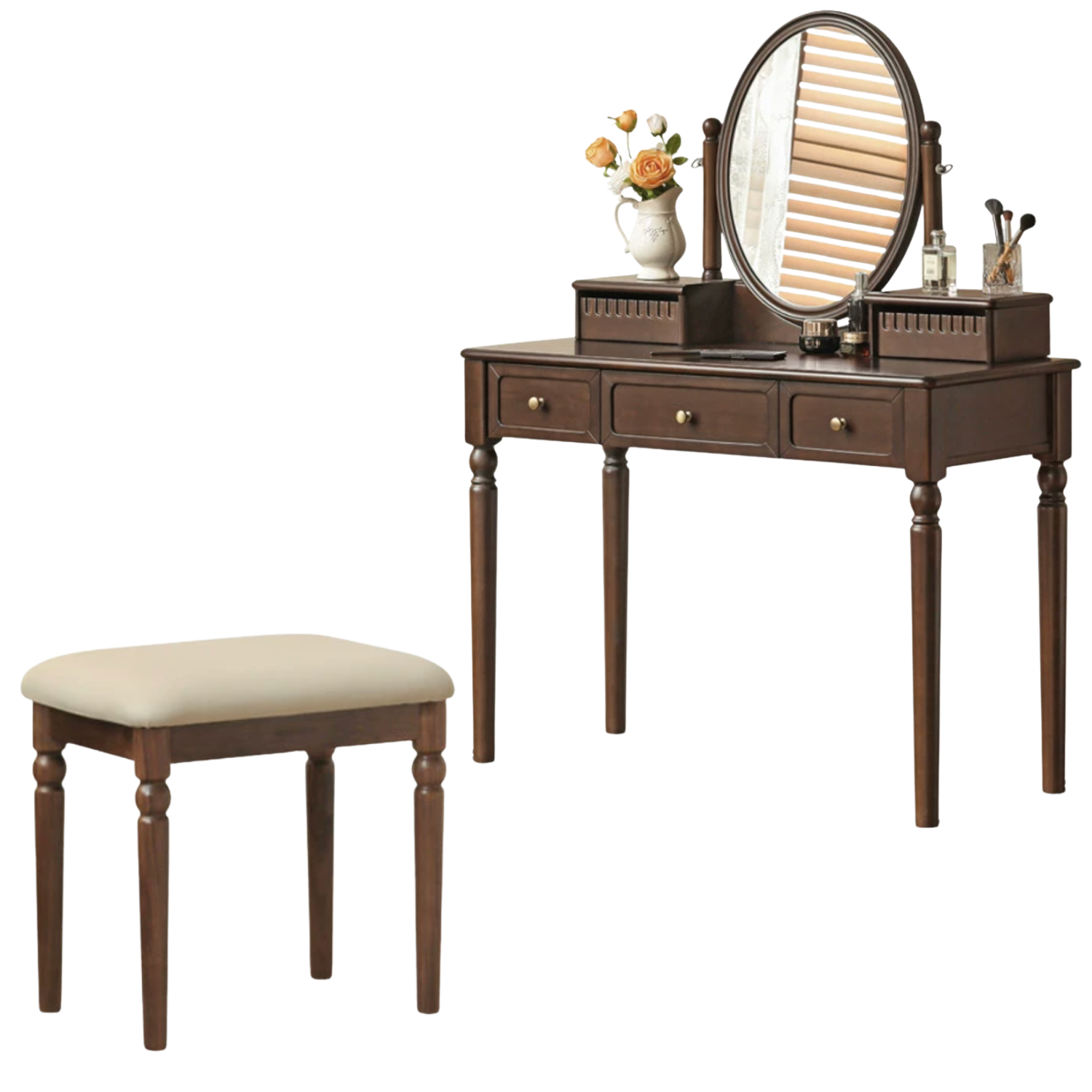 Poplar Solid Wood American Retro Style Vanity Table with Makeup Mirror