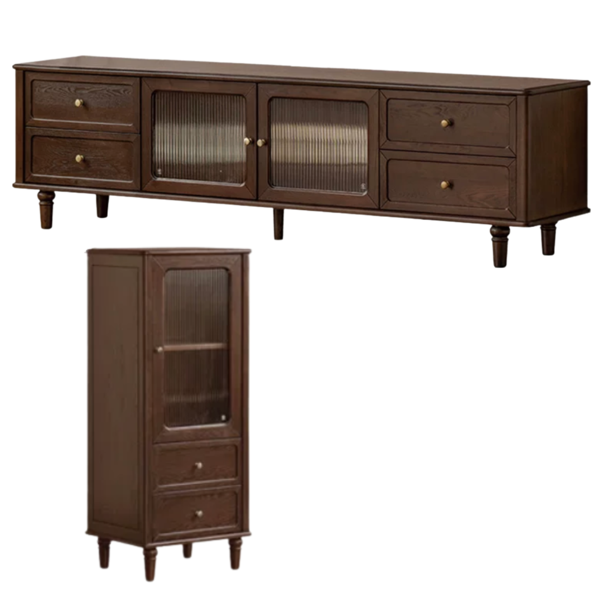 Ash Solid Wood Vintage TV Console with Fluted Glass Doors