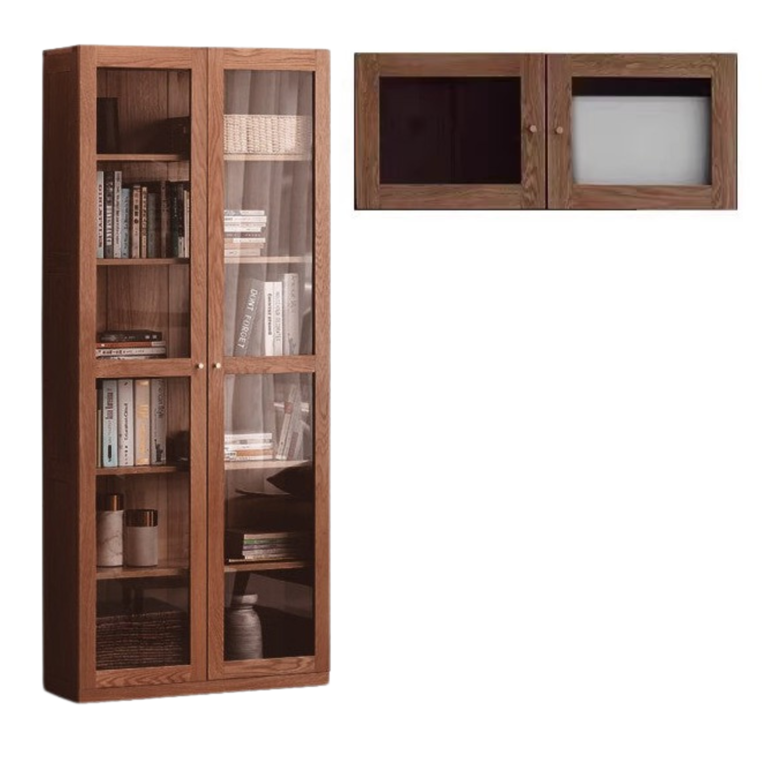 Solid Rubberwood, Oak Solid Wood Bookcase Modern With Glass Door