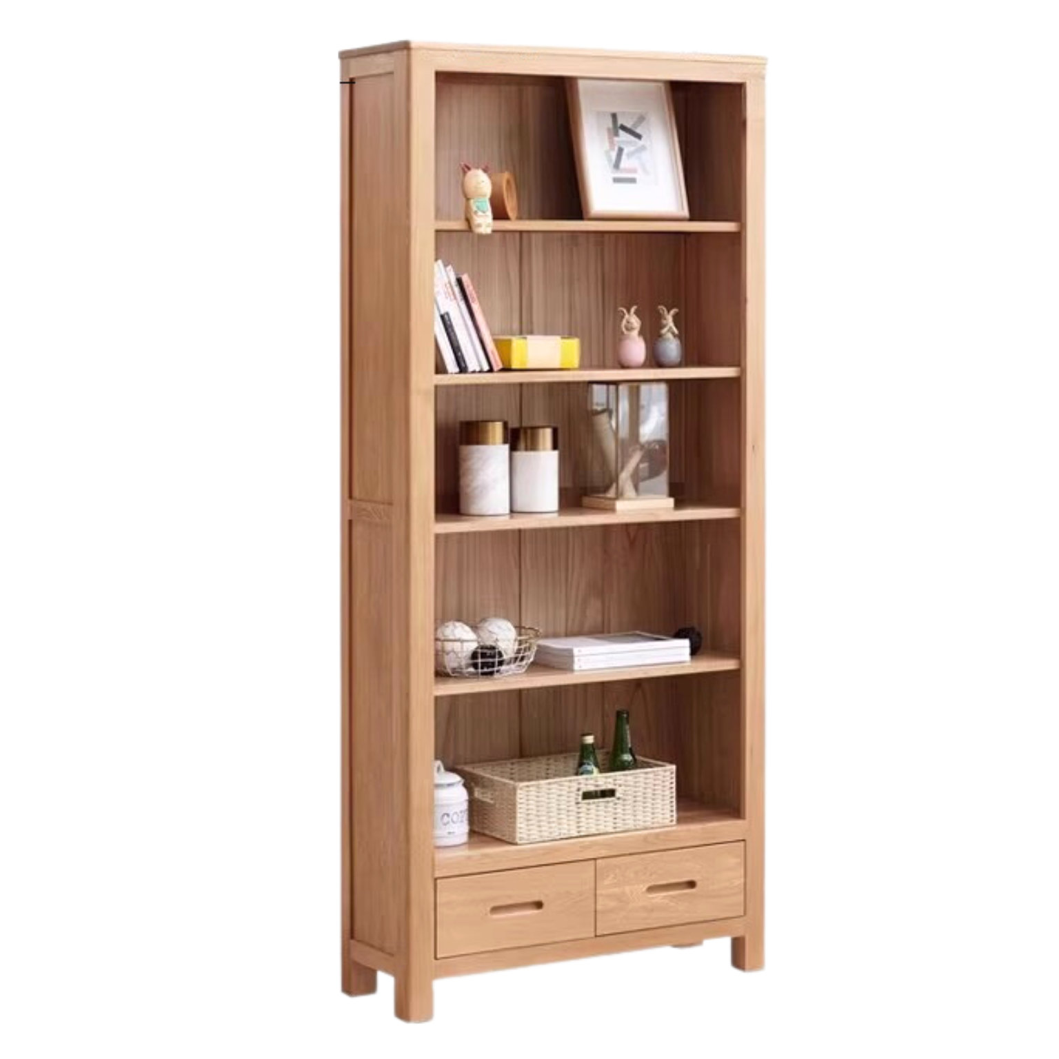 Oak, Rubberwood Solid Wood Drawer Bookcase