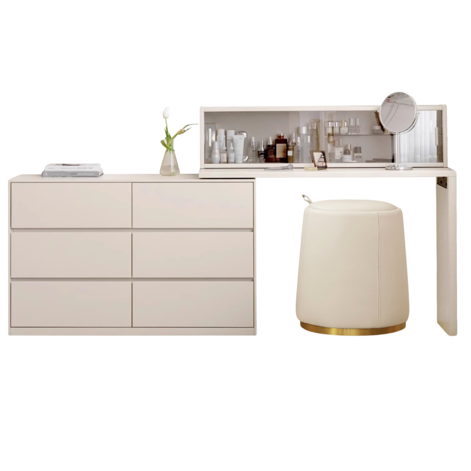 Solid Rubberwood Cream Style Vanity Table Integrated Drawer.