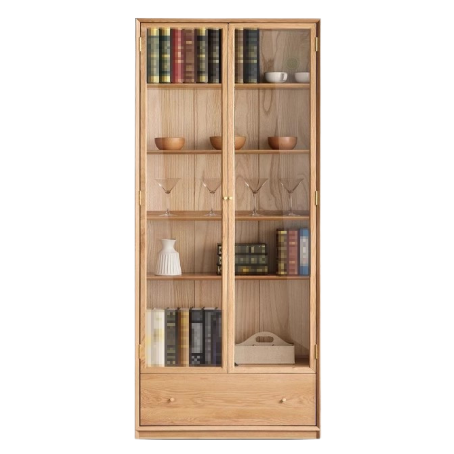 Oak Solid Wood Nordic Style Bookshelf with Floor Storage Cabinet
