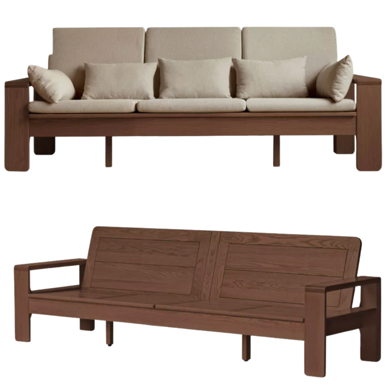 Oak, Rubberwood, Ash solid wood Frame Sofa with Vertical Slat Back and Linen Cushions