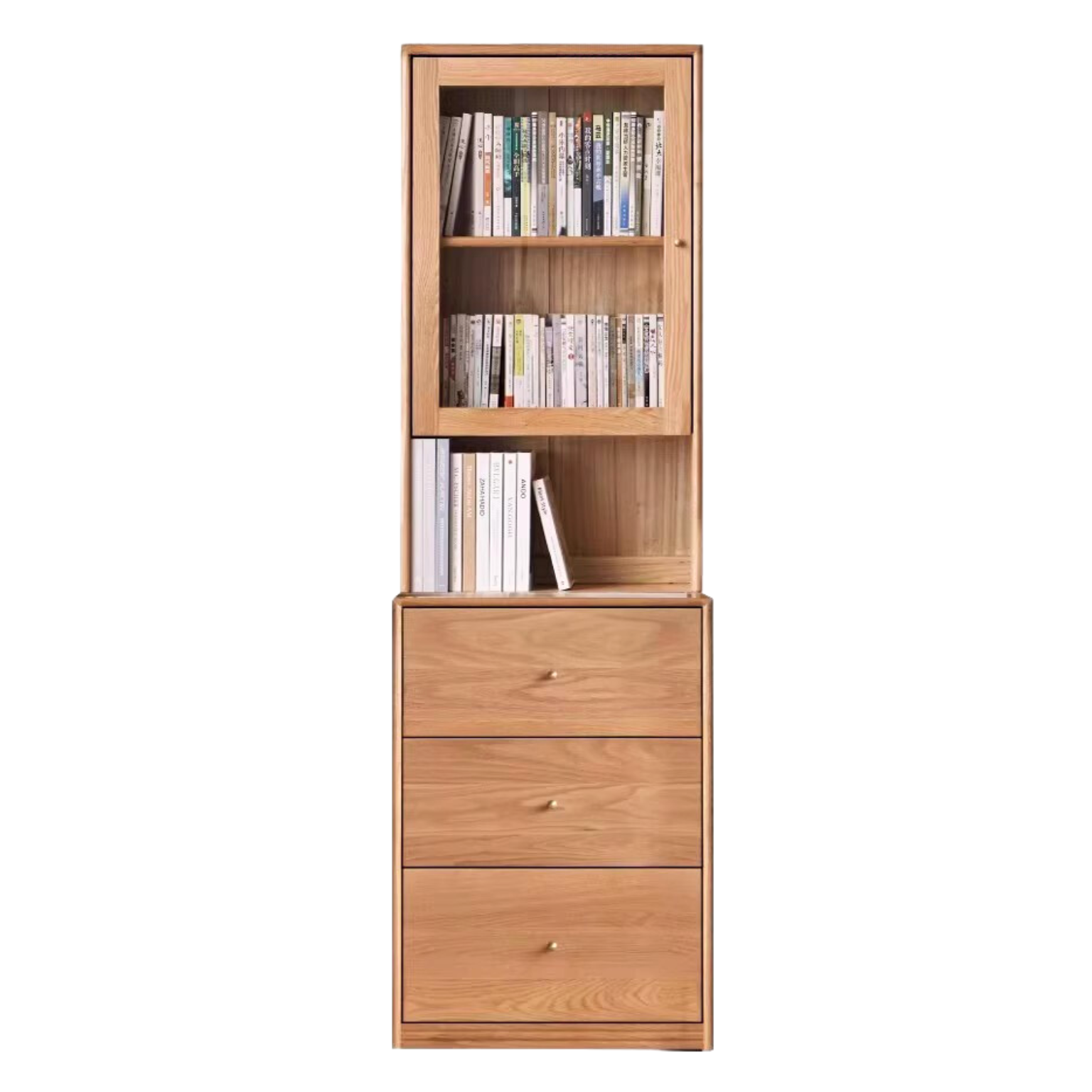 Oak Solid Wood Floor-To-Ceiling Combination Bookshelf, Glass Bookcase