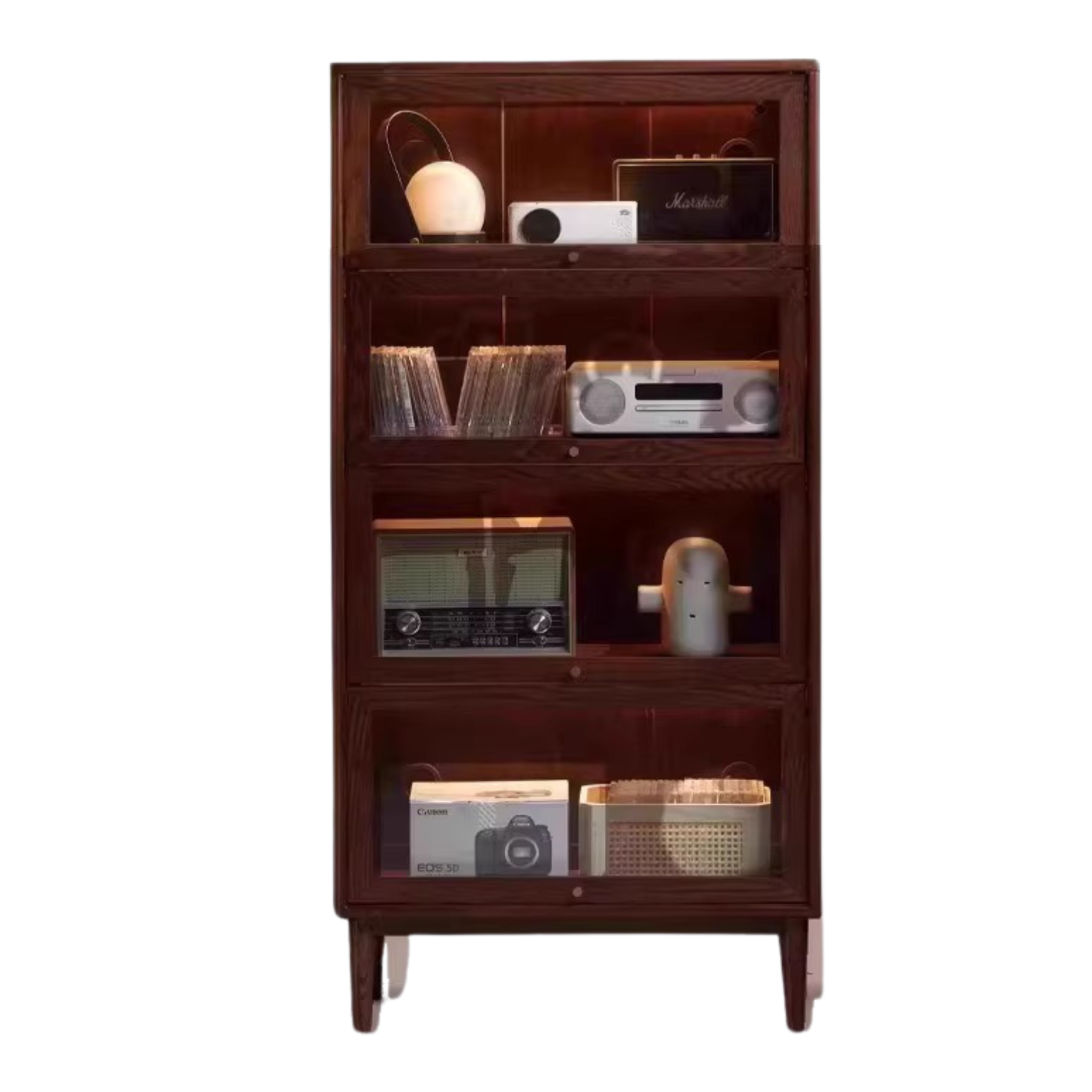 Black Walnut, Oak Solid Wood Glass Flip Door Bookcase, Side Cabinet