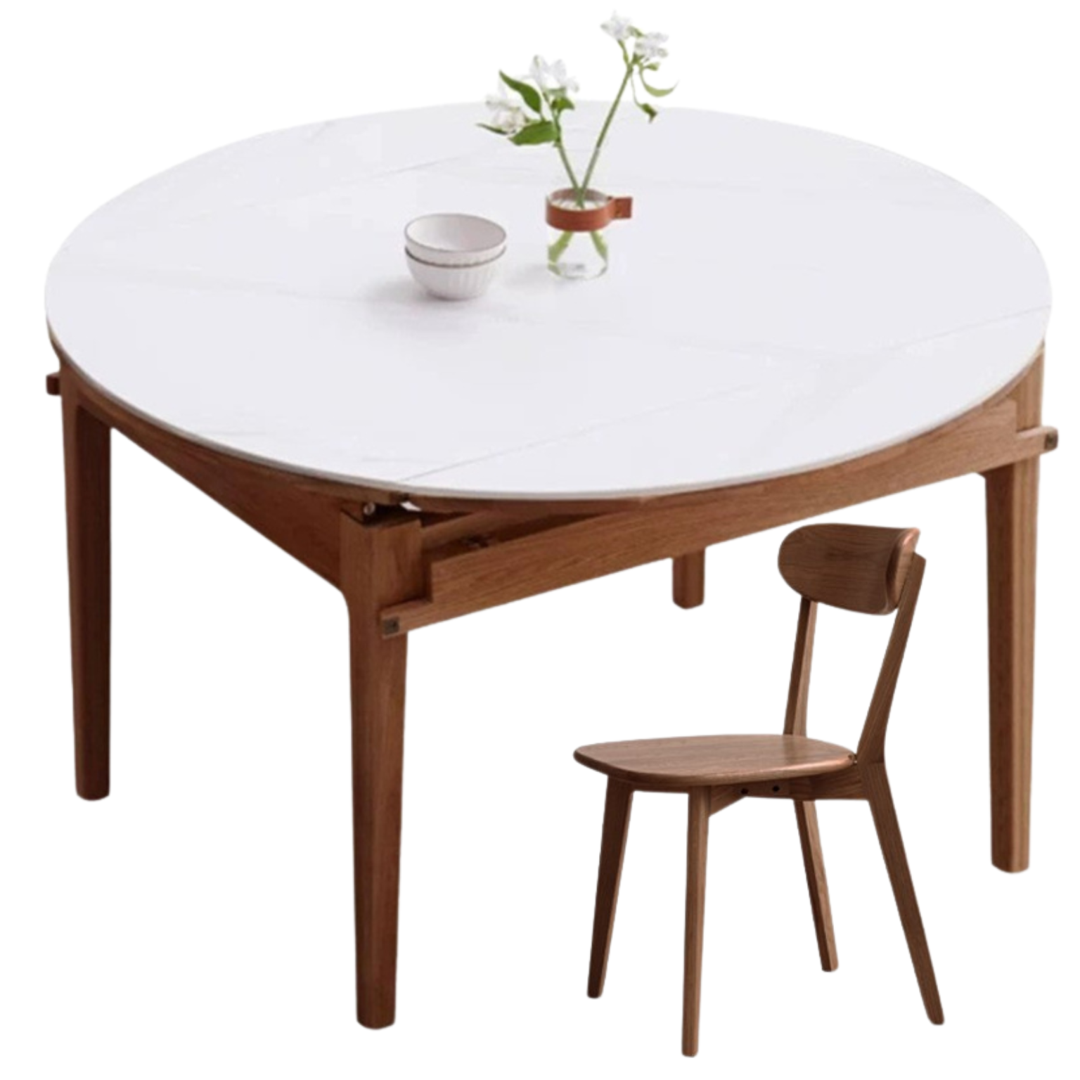 Solid Rubberwood, Oak Solid Wood Folding Round Retractable Dining Table