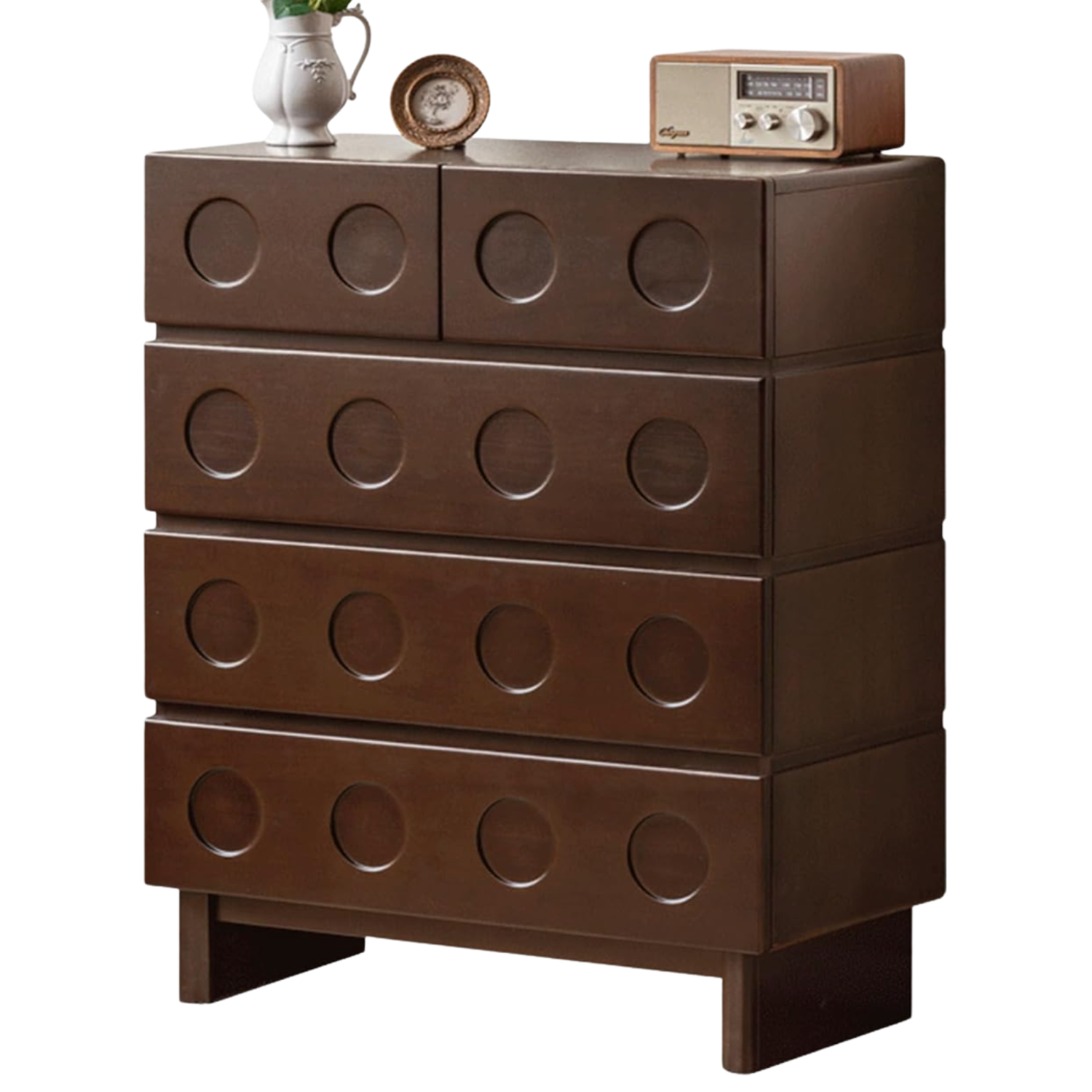 Solid Poplar French Vintage 5-Drawer Chest with Carved Round Pulls