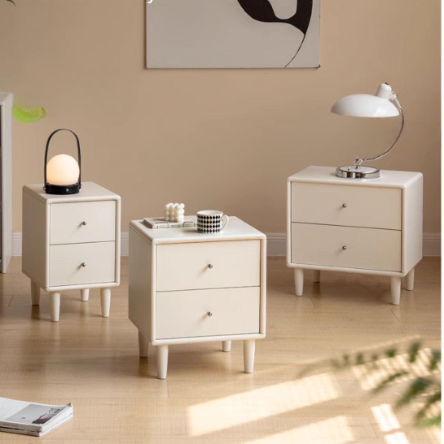 Solid RubberWood White Cream Style Nightstand