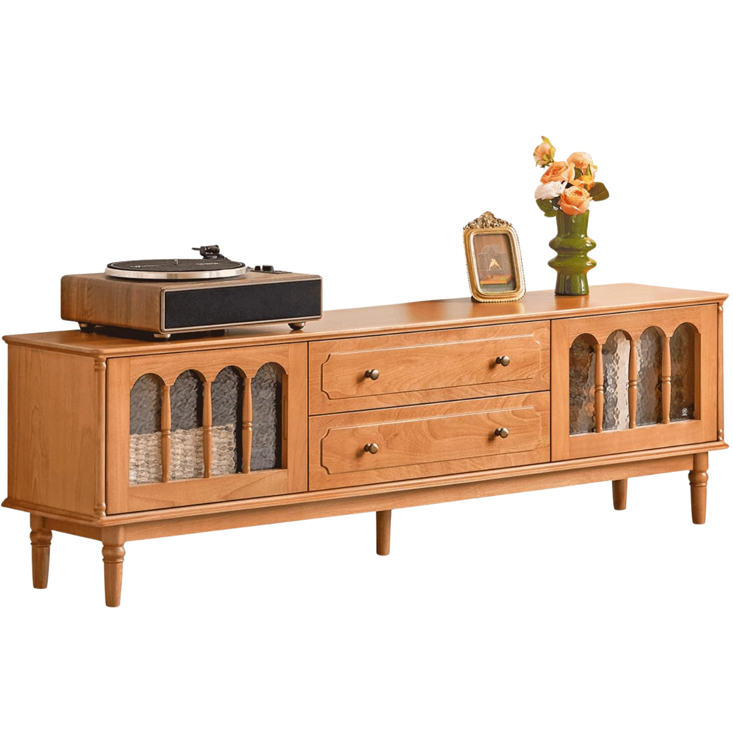 Birch Solid Wood TV Console with Arched Glass Cabinet Doors and Turned Legs