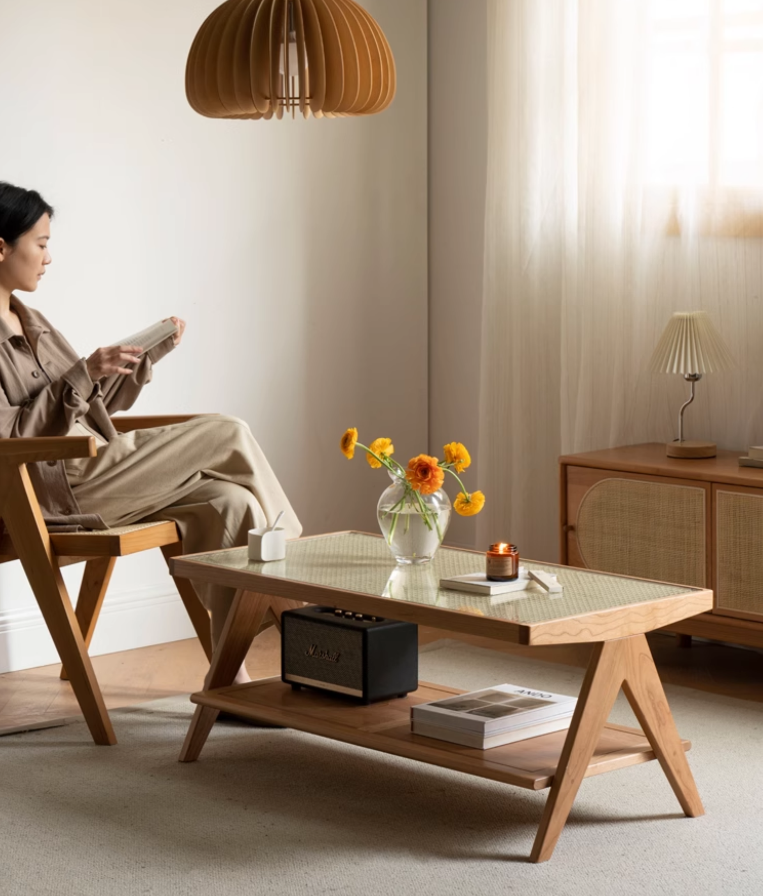 Cherry Solid Wood Modern Rattan Glass Tea Table