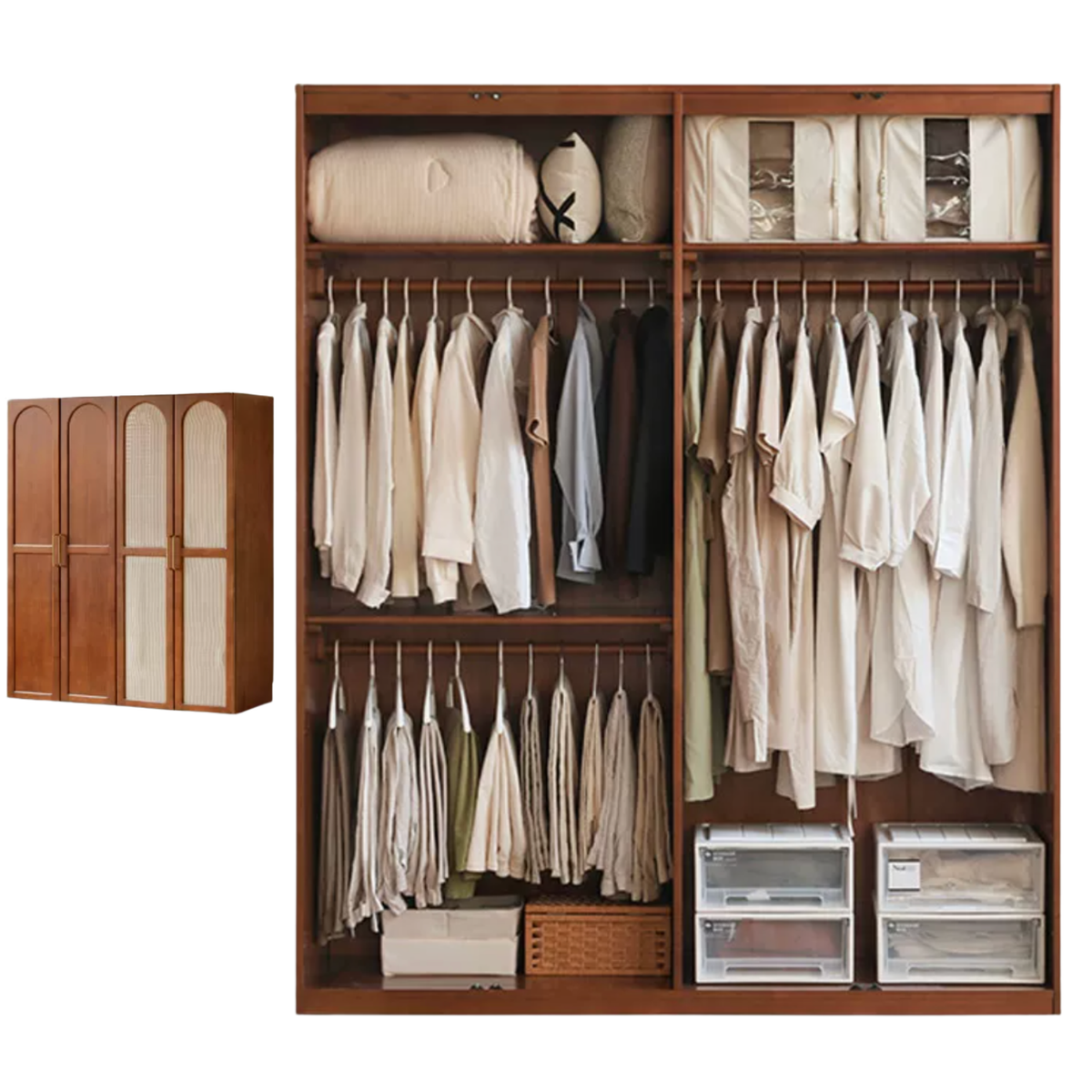 Tulipwood Solid Wood Vintage Arched Wardrobe with Bar Pulls