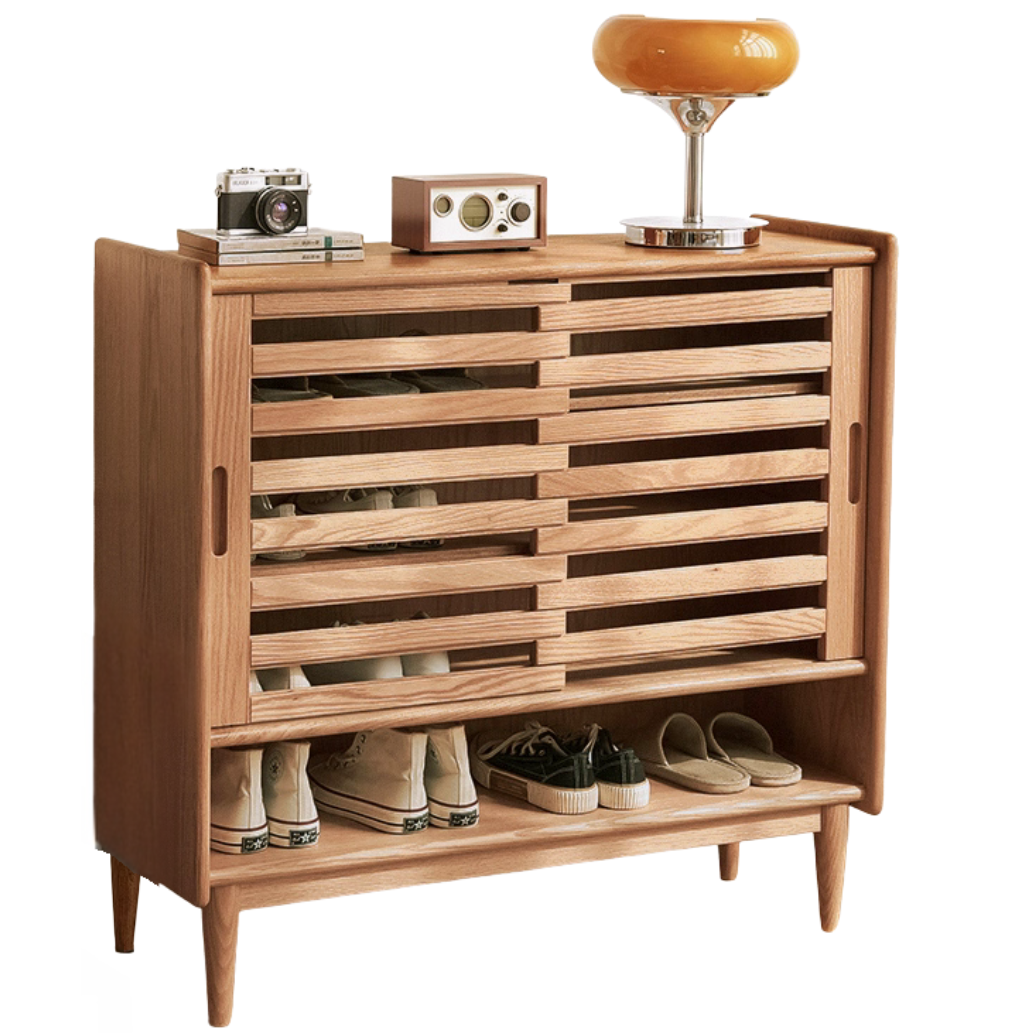 Oak Solid Wood Ultra-Thin Flap Door Rattan Shoe Cabinet