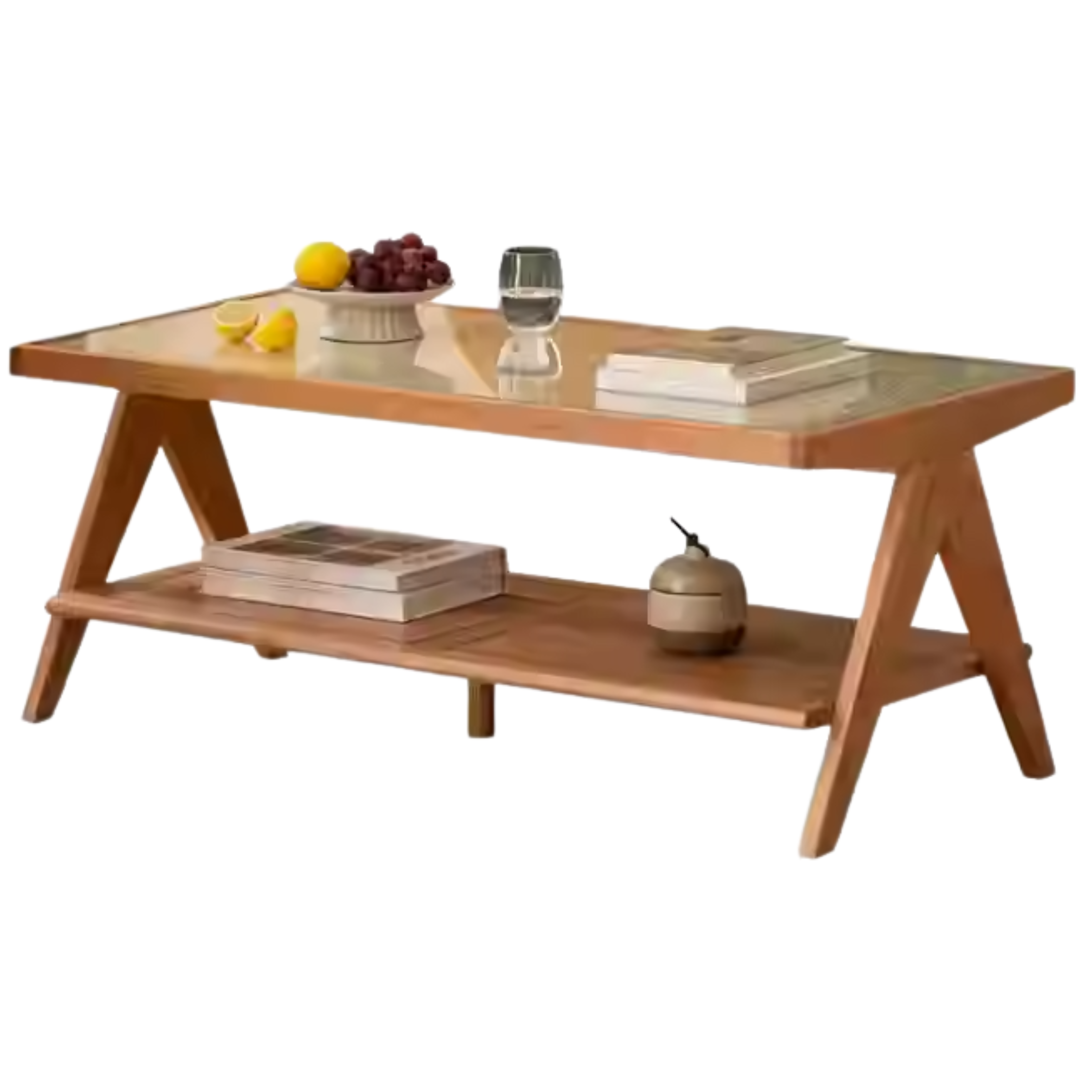 Cherry Solid Wood Modern Rattan Glass Tea Table