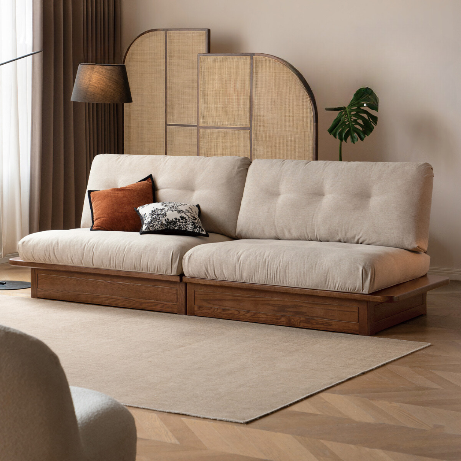 Oak Solid Wood Modern Fabric Sofa.