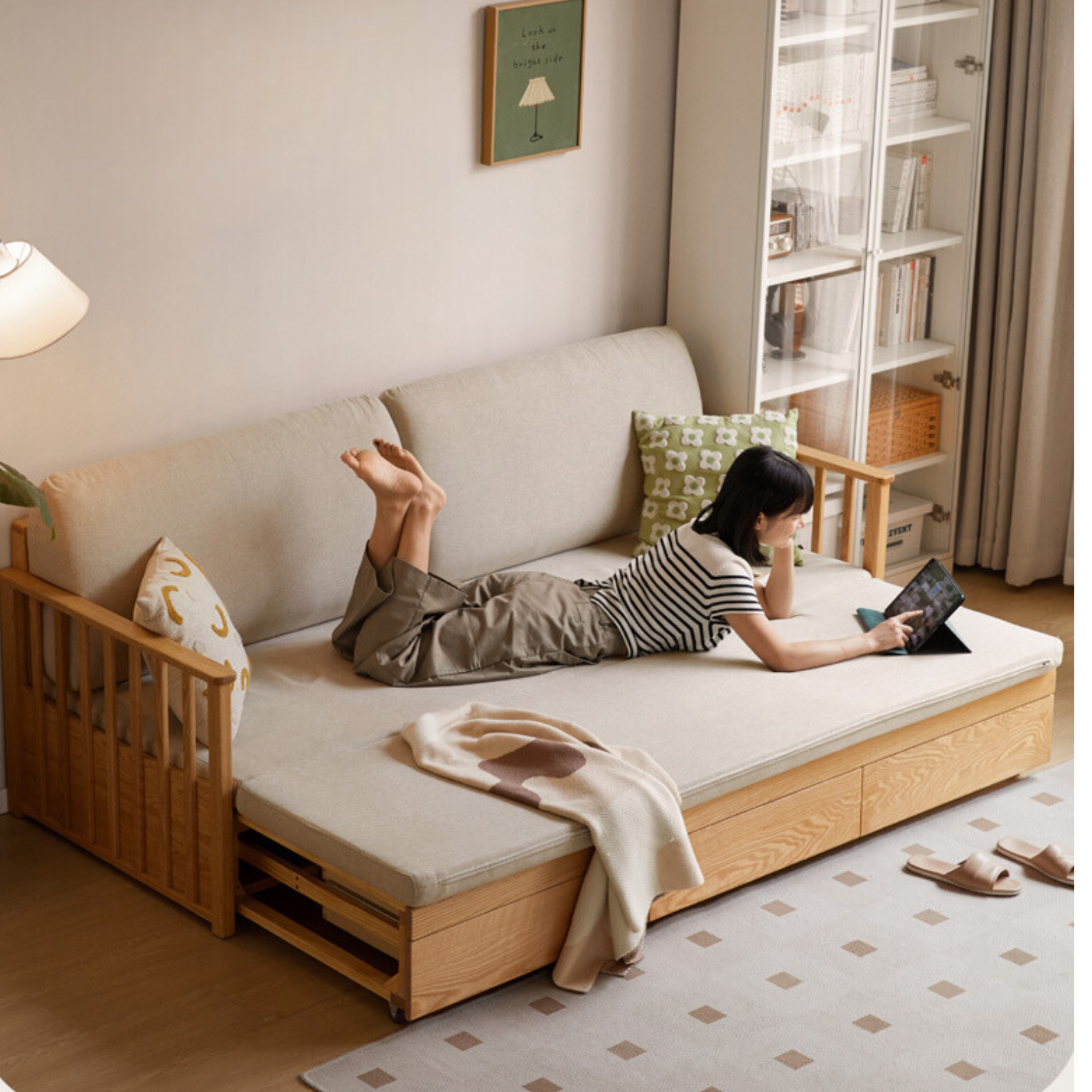 solid wood sofa bed living room sitting and sleeping dual-purpose 