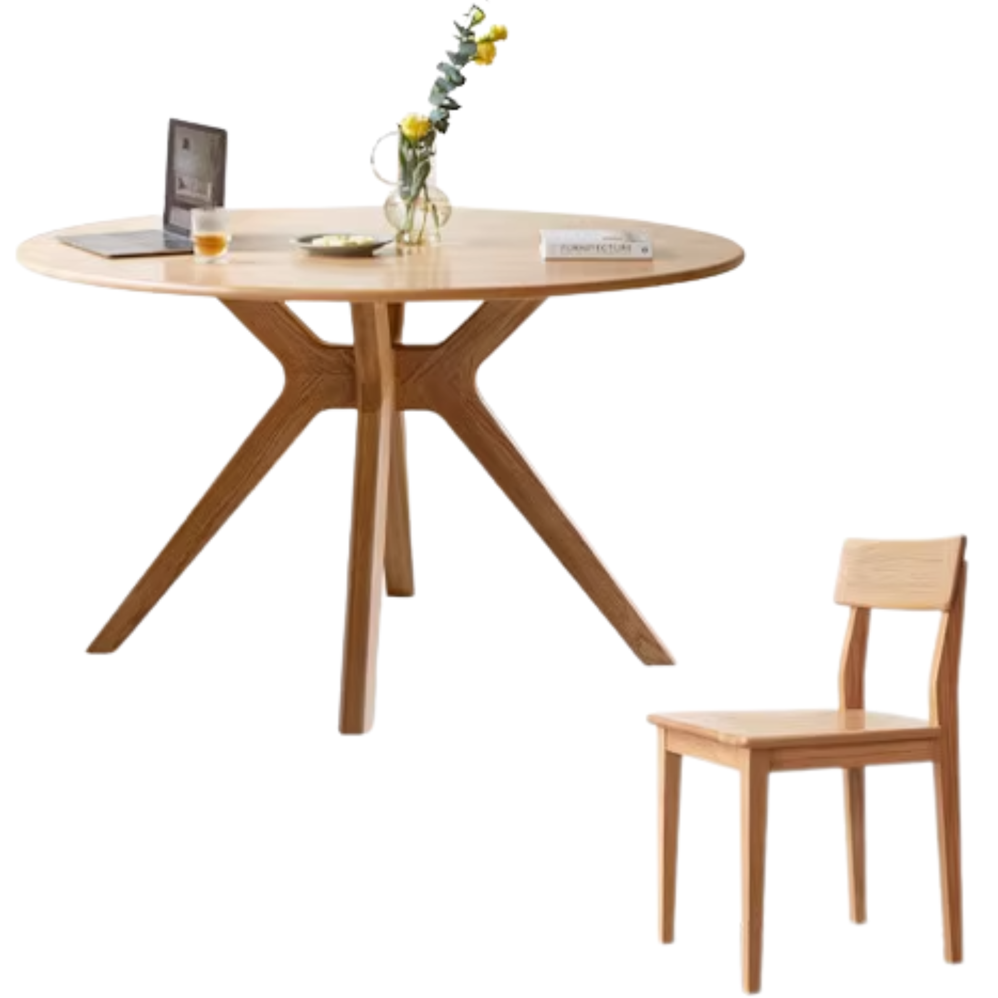 Oak Solid Wood Round Nordic Dining Table With Rock Slab Surface