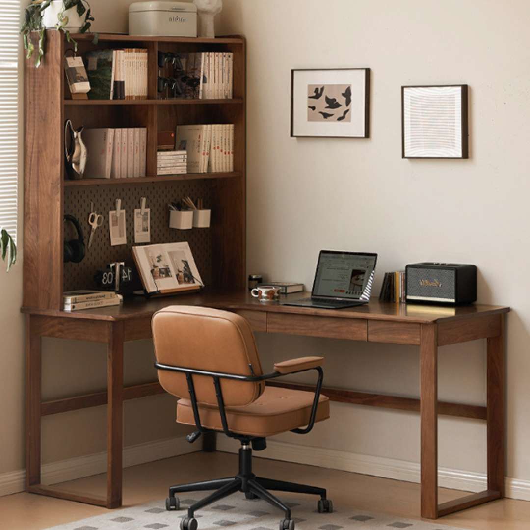 Oak Solid Wood Corner Desk Bookshelf