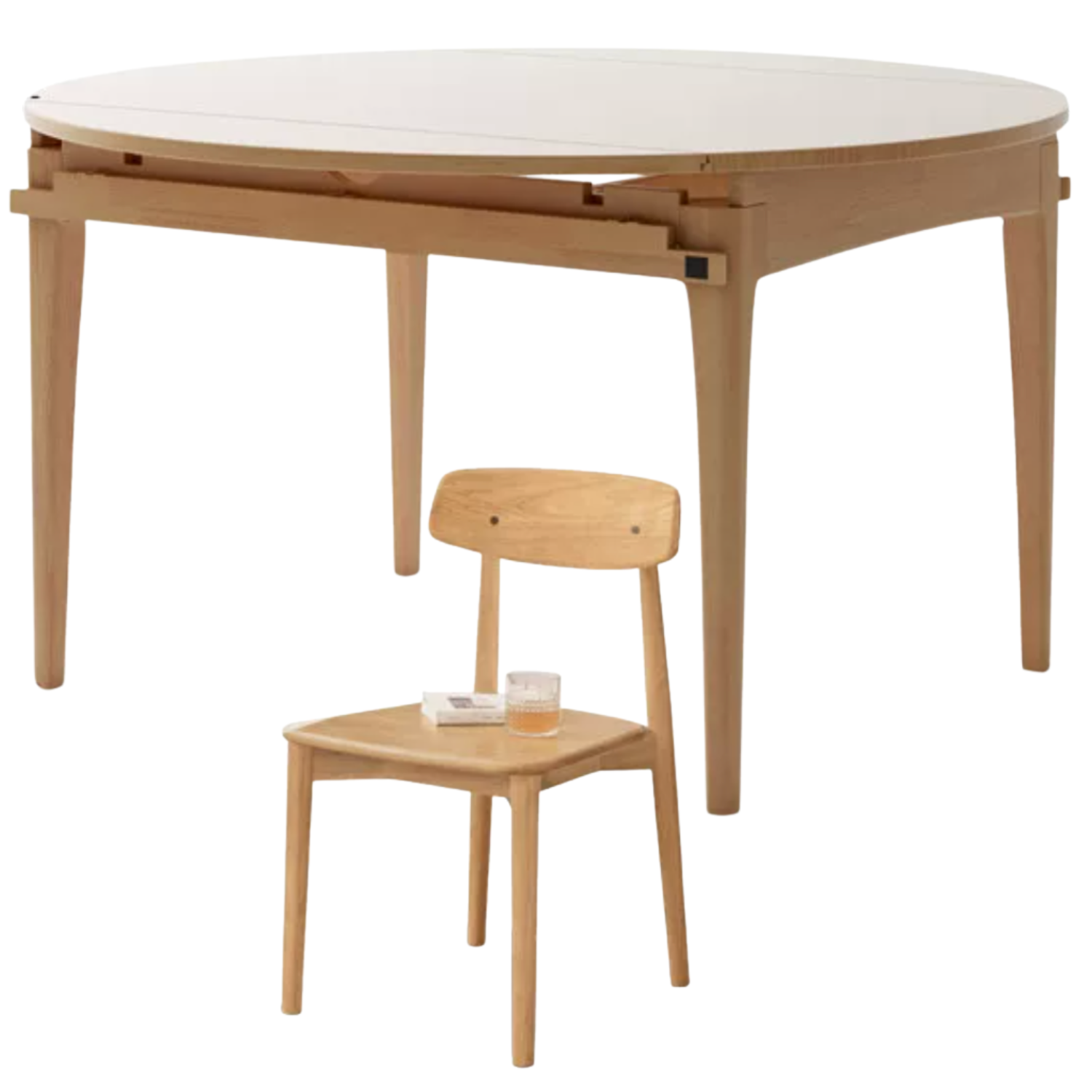 Solid Rubberwood, Oak Solid Wood Folding Round Retractable Dining Table