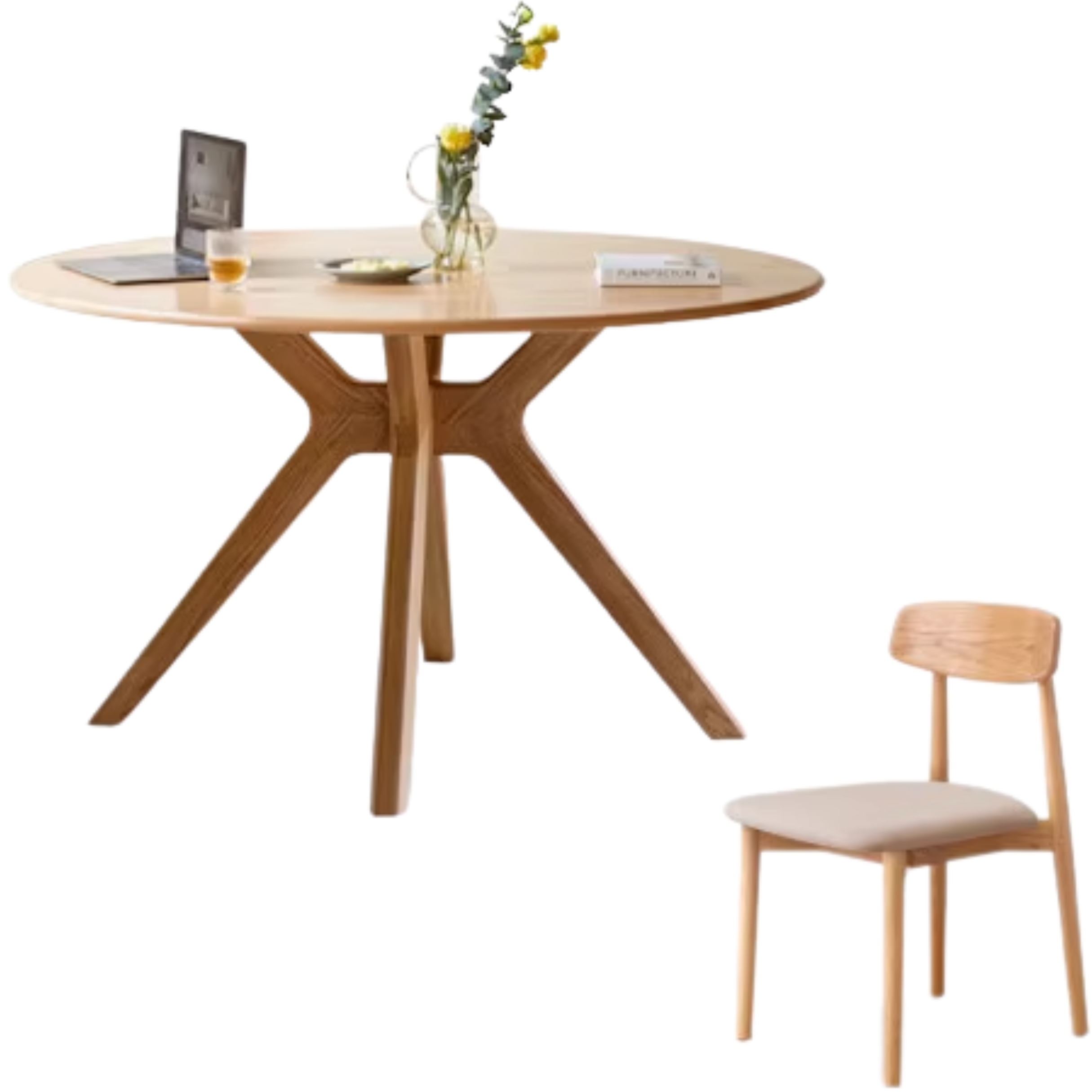 Oak Solid Wood Round Nordic Dining Table With Rock Slab Surface