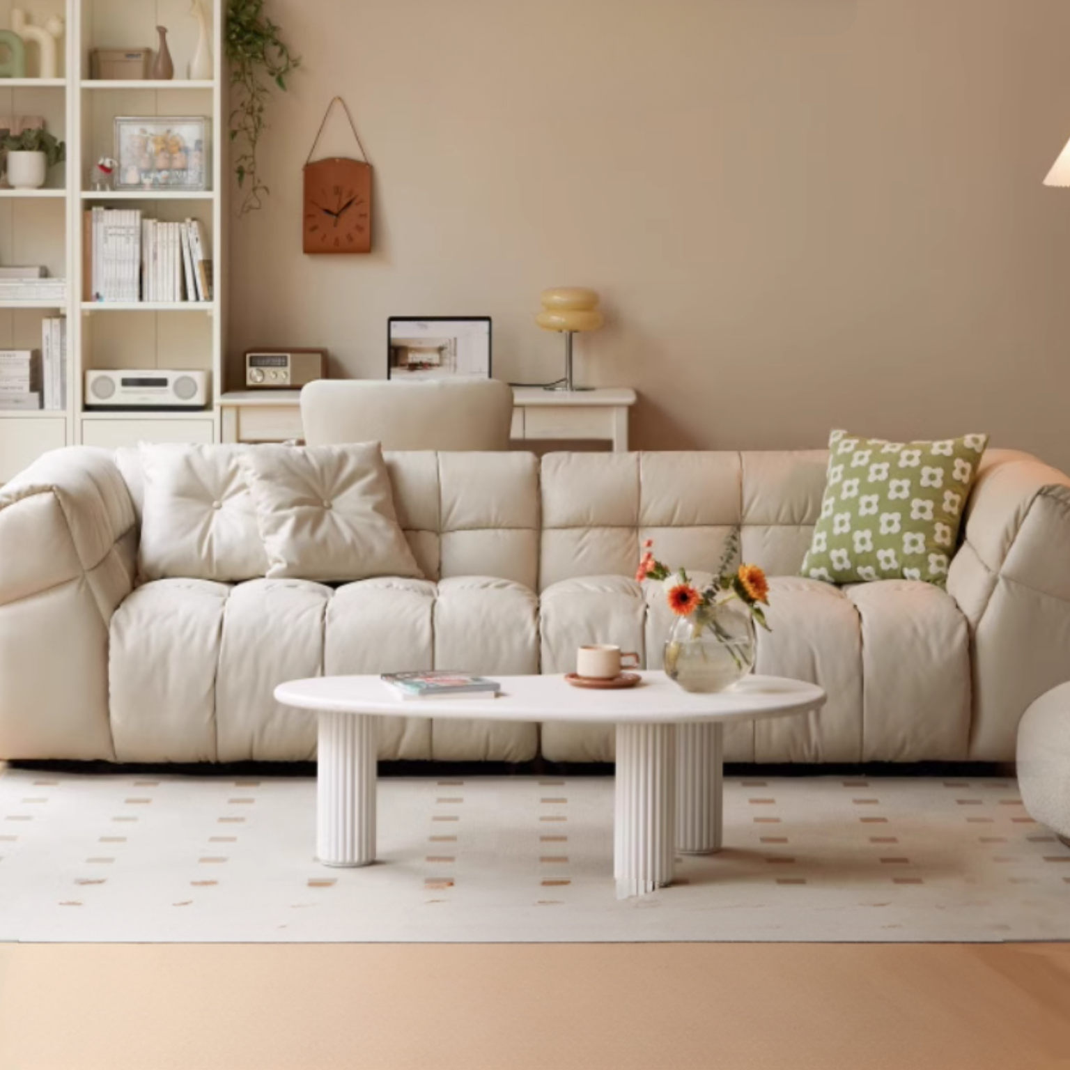 Genuine Leather,Technology Cloth Sofa Cream Wind)